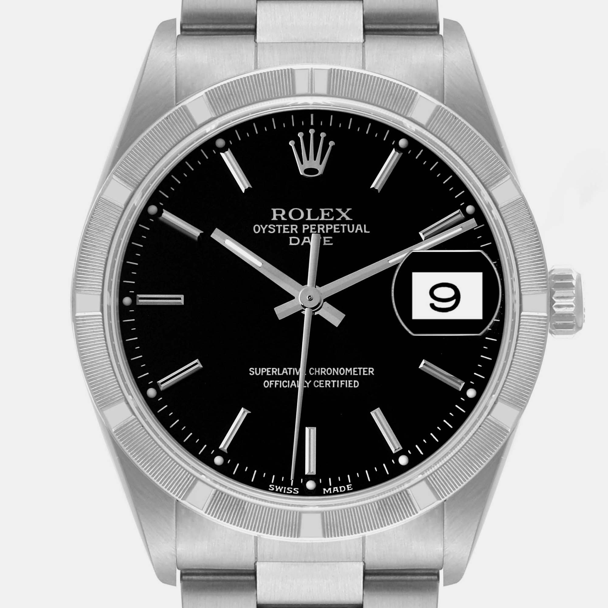 Rolex Date Black Dial Engine Turned Bezel Steel Mens Watch 15210 34 Mm