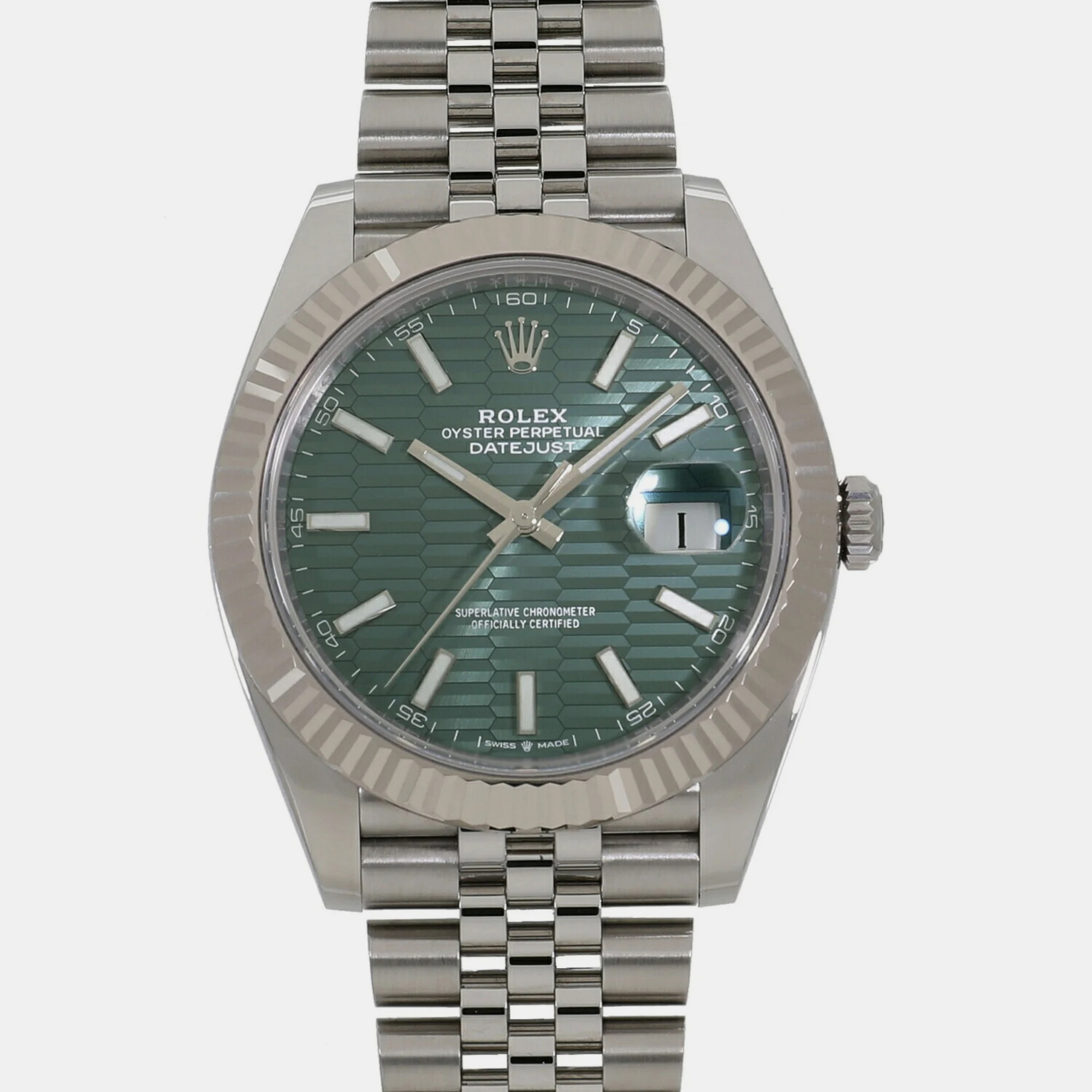 Rolex Green 18k White Gold And Stainless Steel Datejust 126334 Automatic Men's Wristwatch 41 Mm