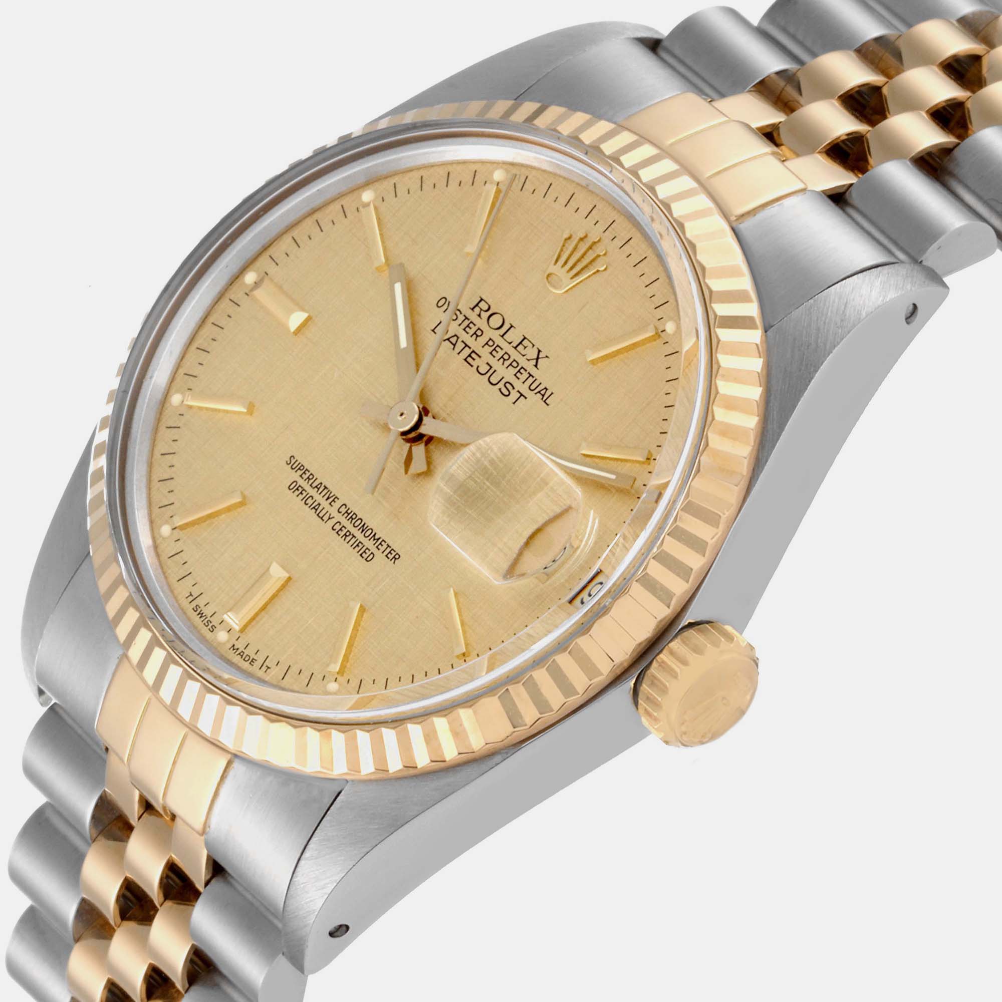 Rolex Datejust Steel Yellow Gold Linen Dial Vintage Men's Watch 16013 36 mm 
Rolex Datejust Steel Yellow Gold Linen Dial Vintage Men's Watch 16013 36 mm