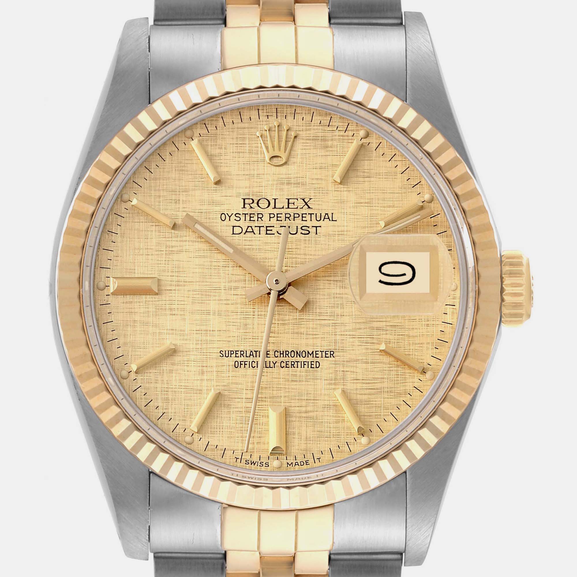 Rolex Datejust Steel Yellow Gold Linen Dial Vintage Men's Watch 16013 36 Mm