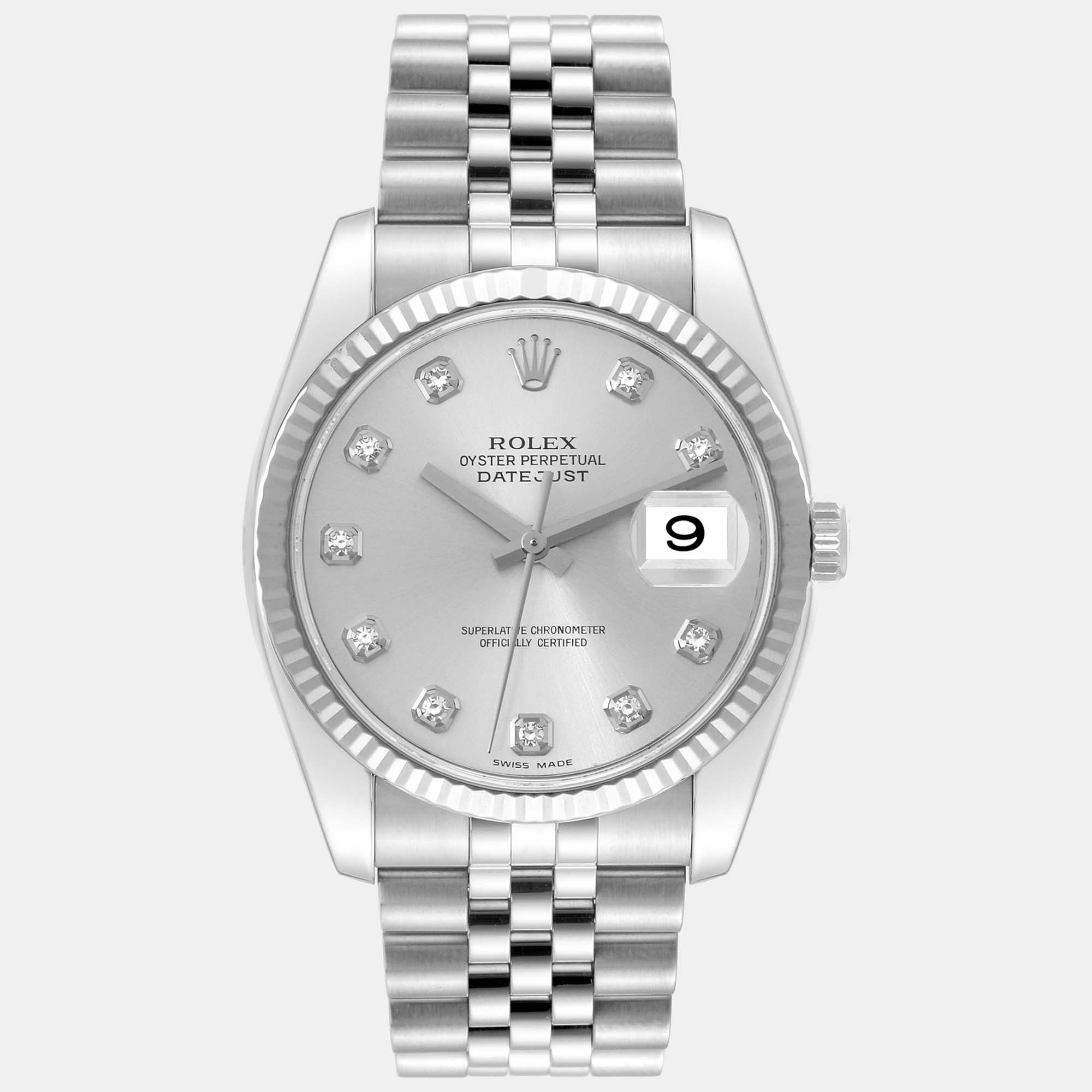 Rolex Datejust Steel White Gold Silver Diamond Dial Men's Watch 116234 36 Mm