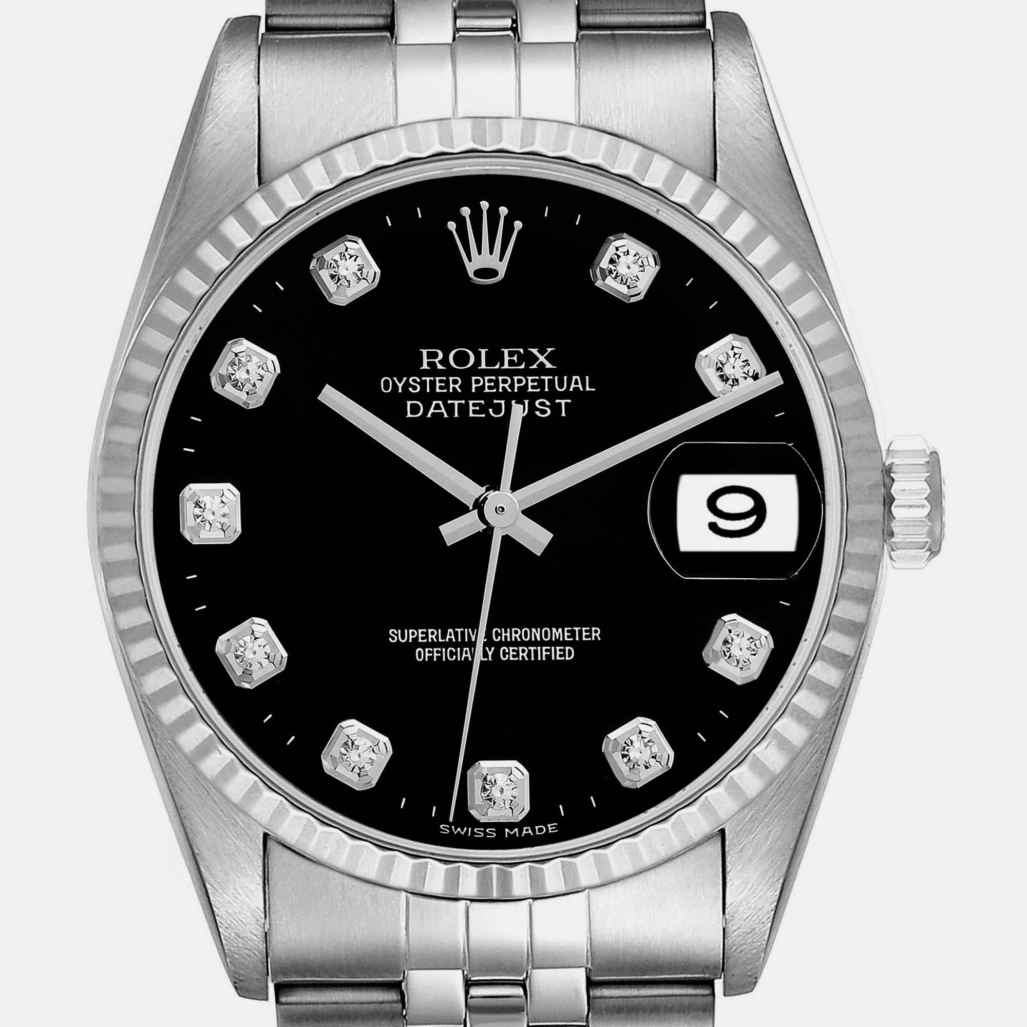 Rolex Datejust Steel White Gold Black Diamond Dial Men's Watch 16234 36 Mm