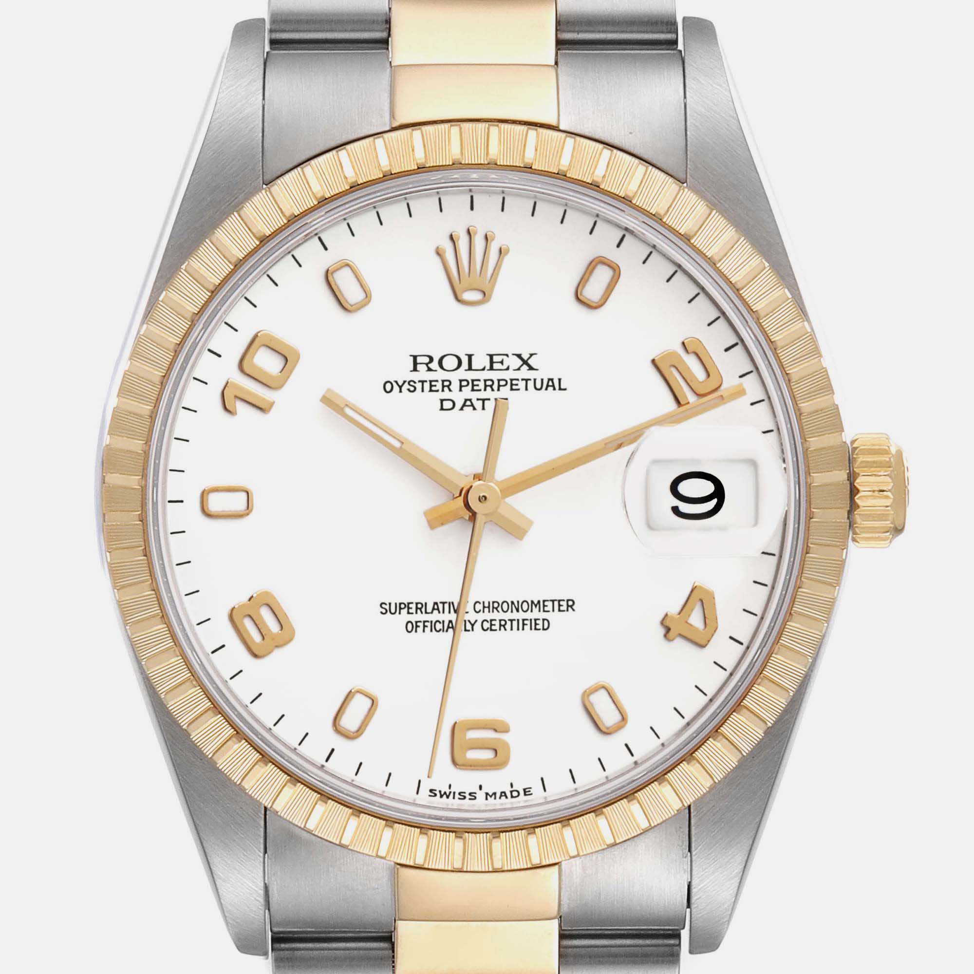 Rolex Date Steel Yellow Gold White Dial Men's Watch 15223 34 Mm