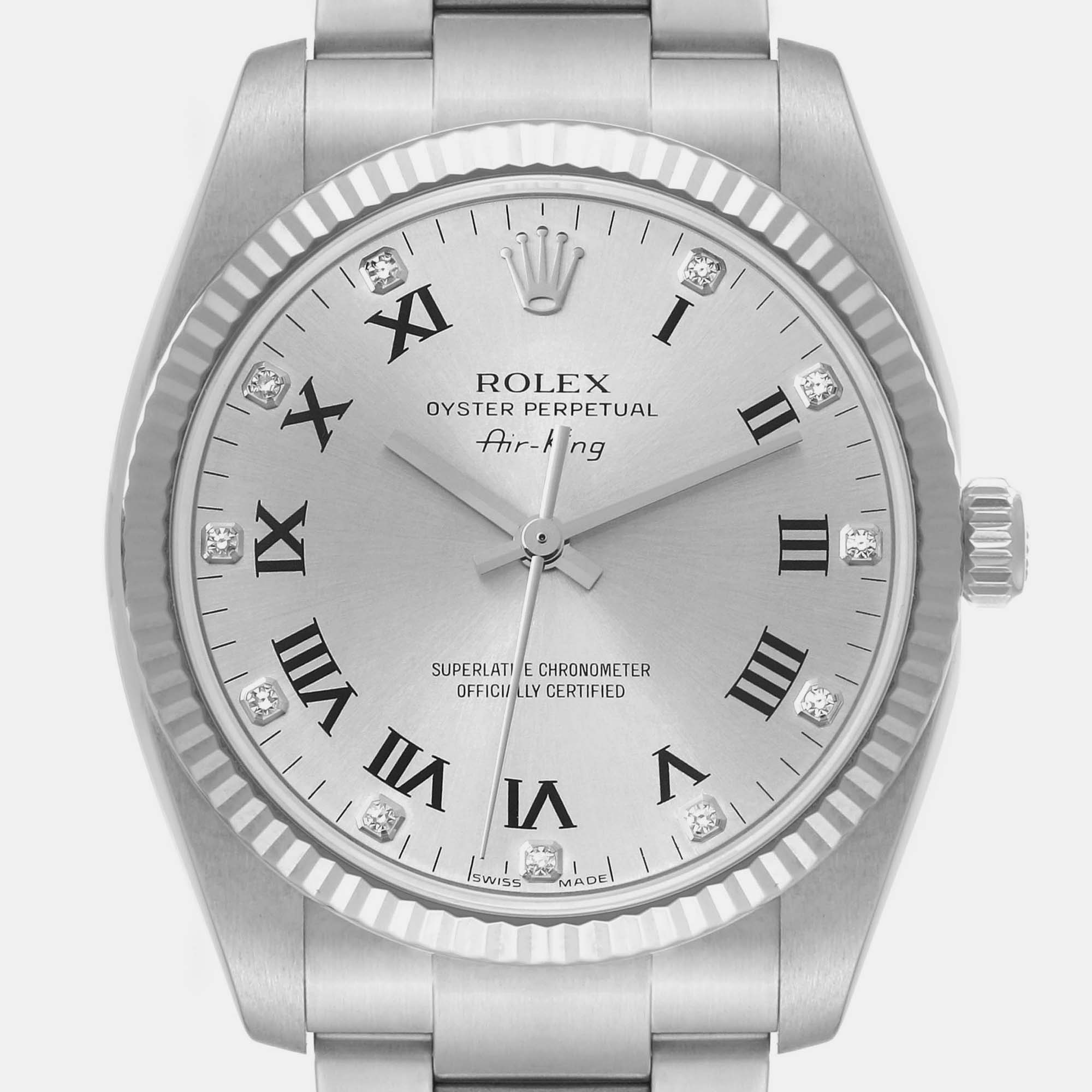 Rolex Air King Steel White Gold Silver Diamond Dial Mens Watch 114234 34 Mm
