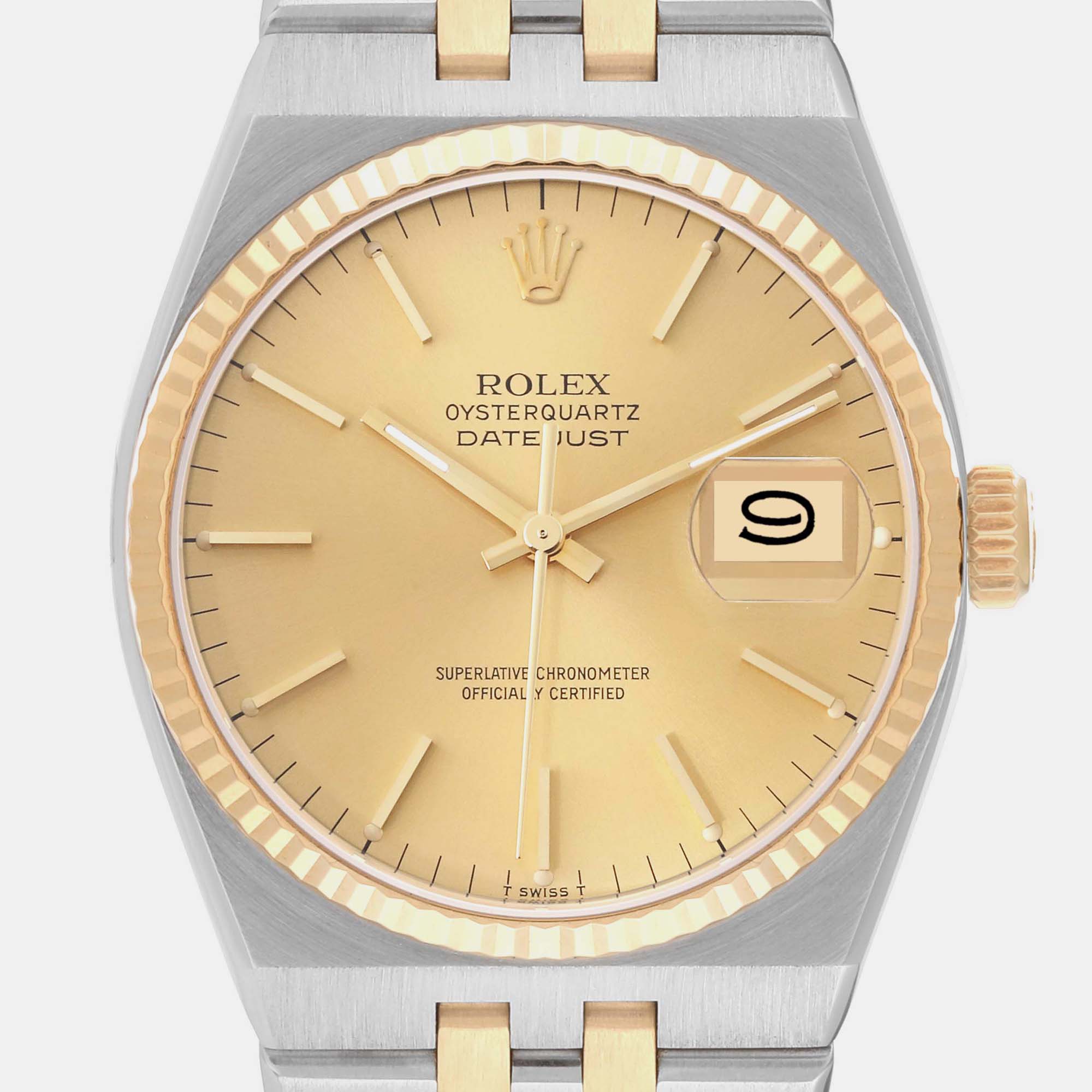 Rolex Oysterquartz Datejust Steel Yellow Gold Mens Watch 17013 36 Mm