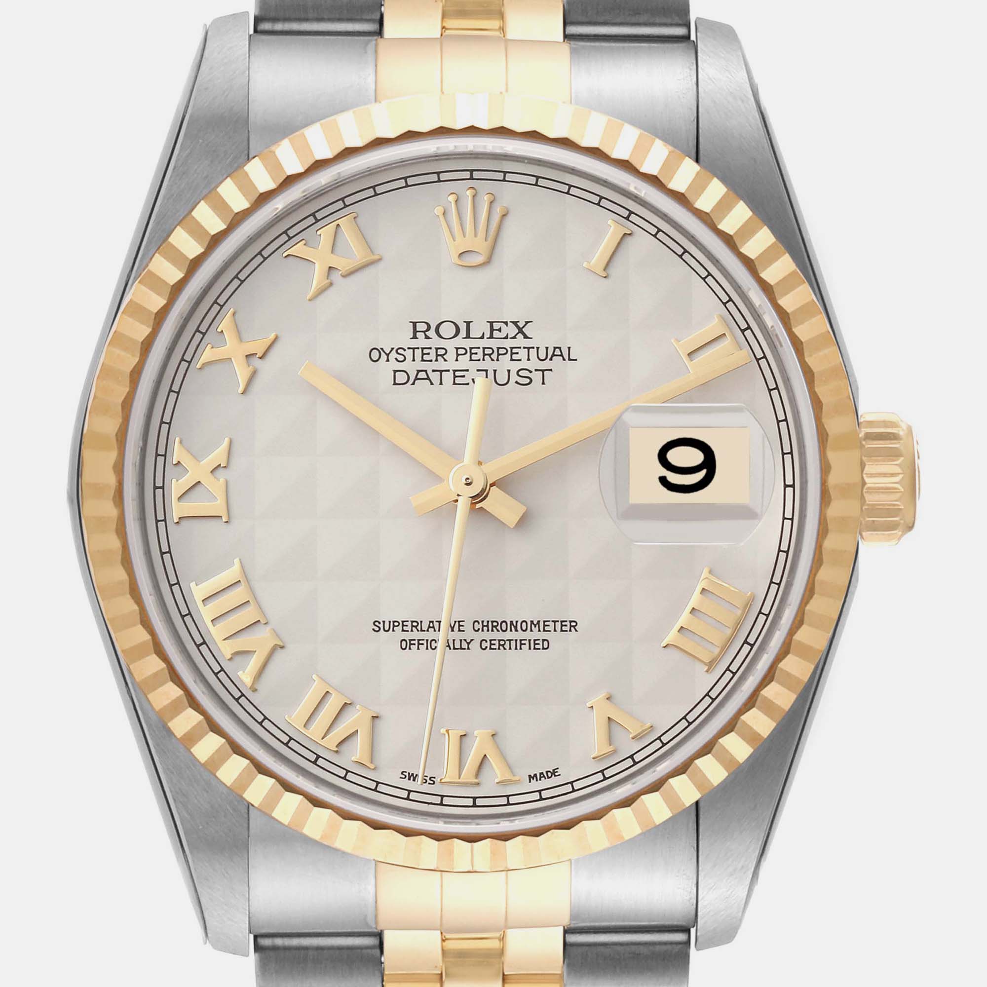 Rolex Datejust Steel Yellow Gold Ivory Pyramid Dial Men's Watch 16233 36 Mm