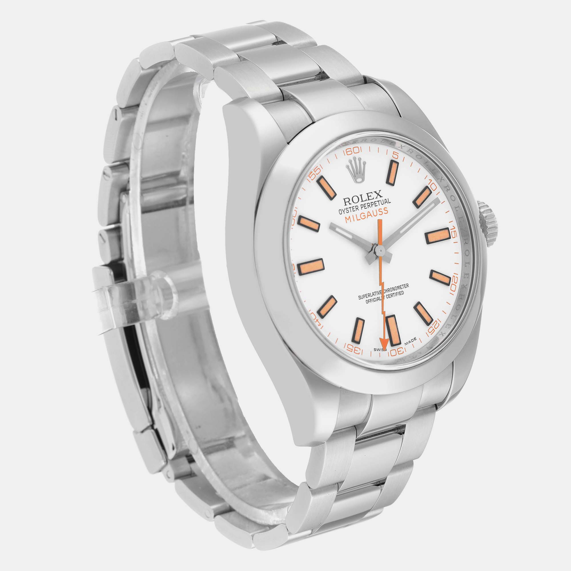 Rolex Milgauss White Dial Orange Markers Steel Men's Watch 116400 40 Mm