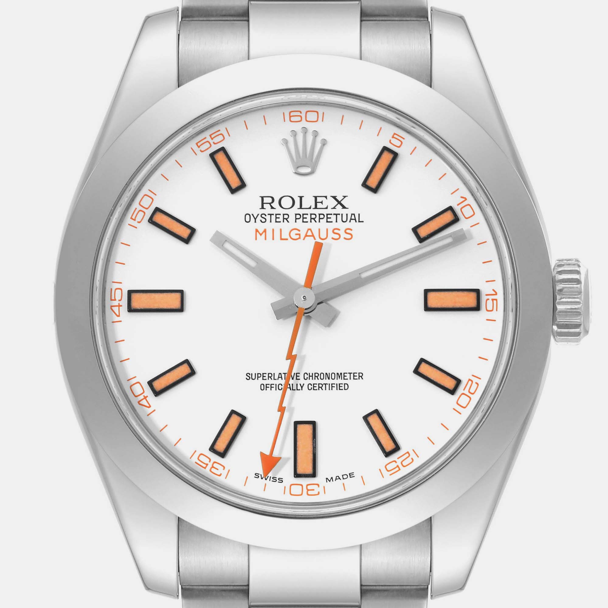 Rolex Milgauss White Dial Orange Markers Steel Men's Watch 116400 40 Mm