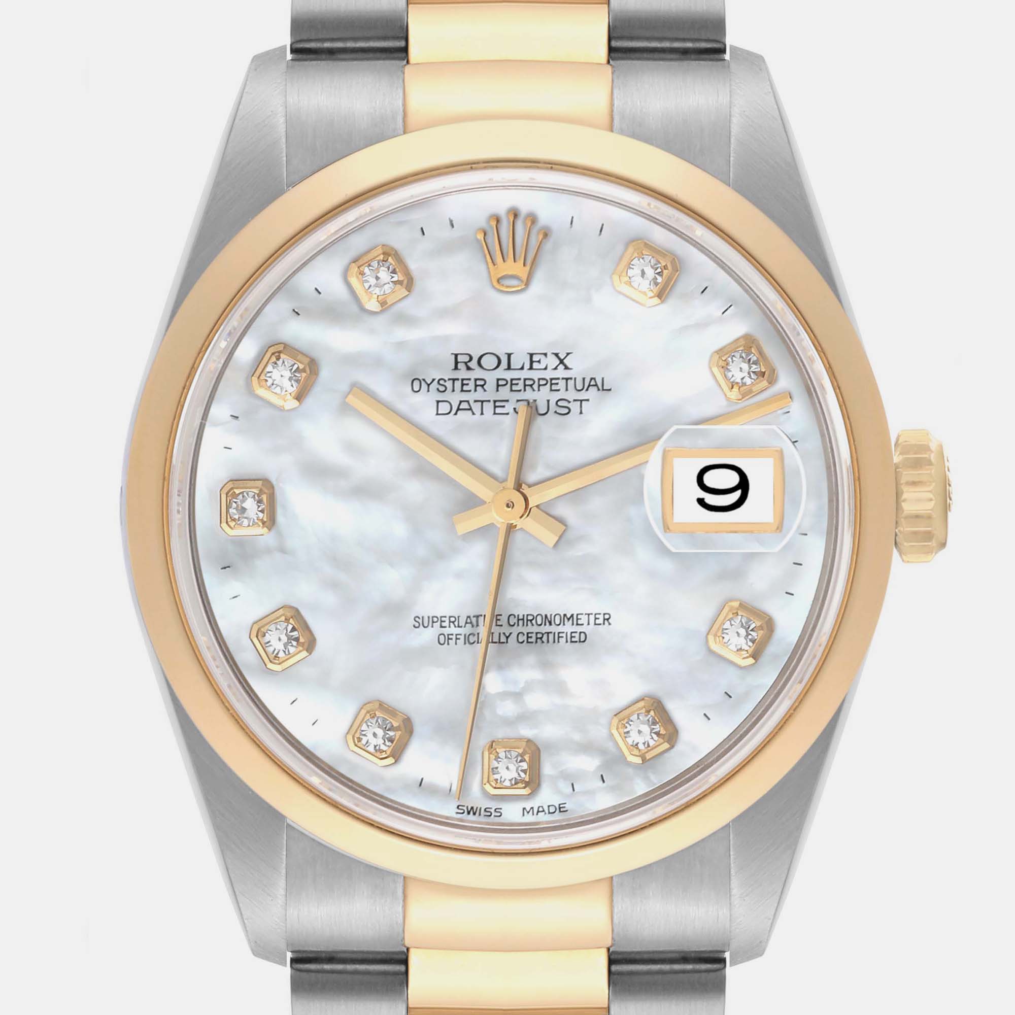 Rolex Datejust Steel Yellow Gold Mother Of Pearl Diamond Dial Men's Watch 16203 36 Mm