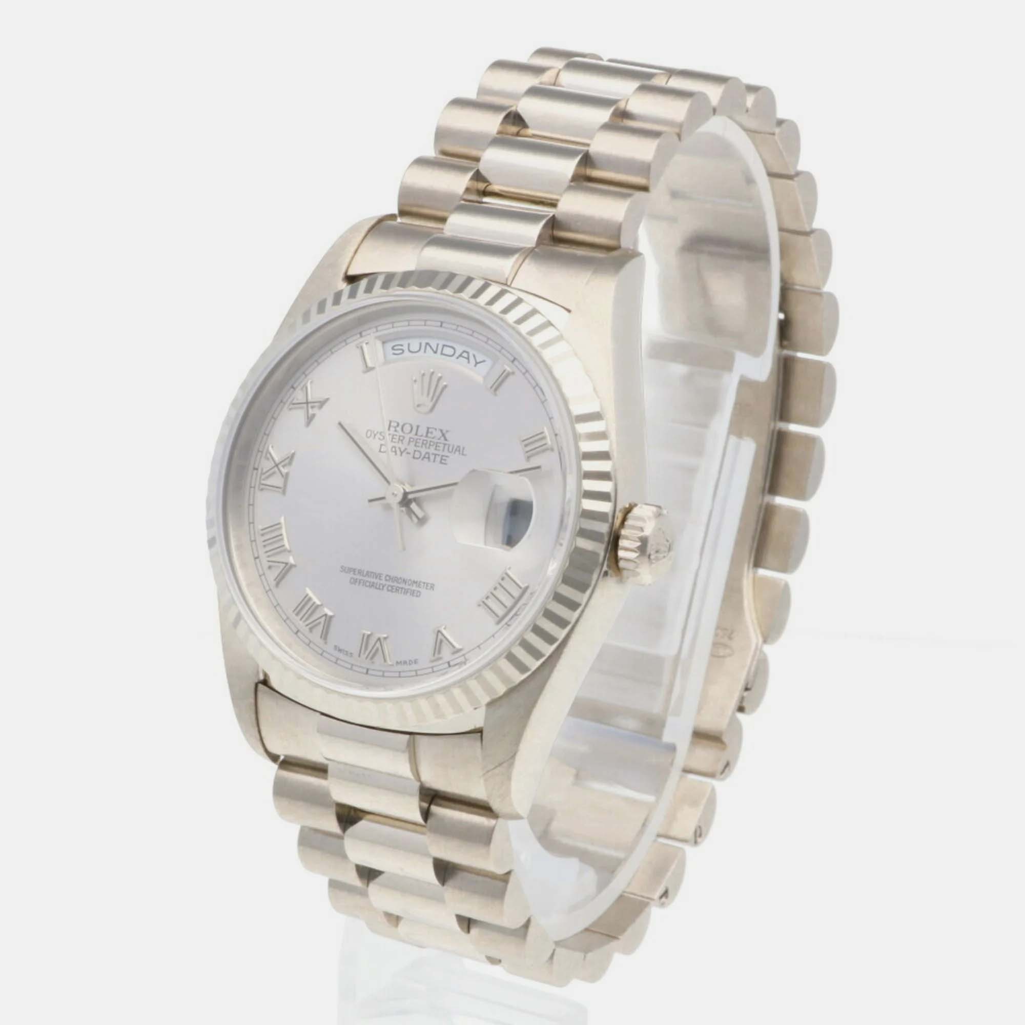 Rolex White 18k White Gold And Stainless Steel Day-Date 18239 Automatic Men's Wristwatch 36 Mm