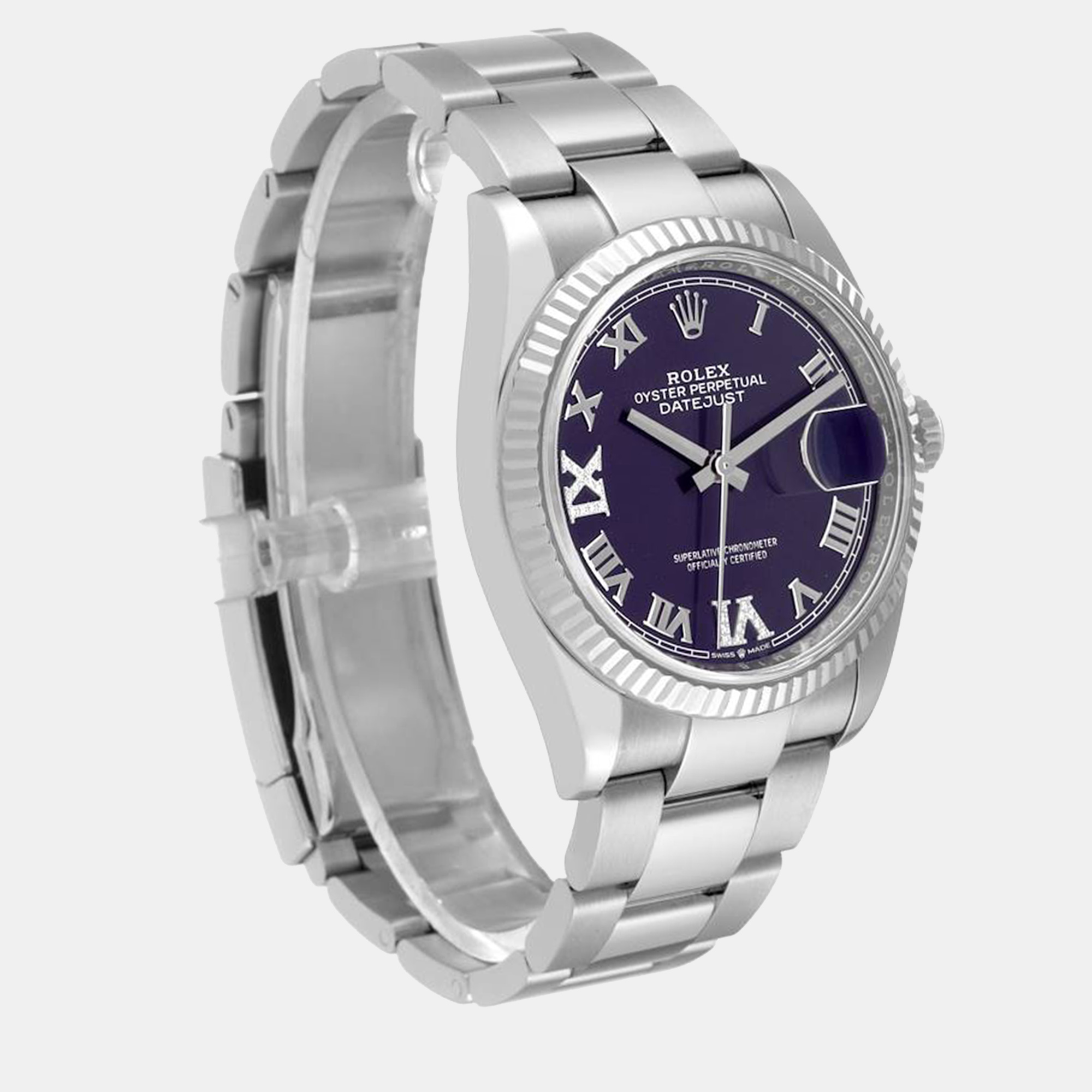Rolex Datejust Steel White Gold Aubergine Diamond Dial Men's Watch 126234 36 Mm