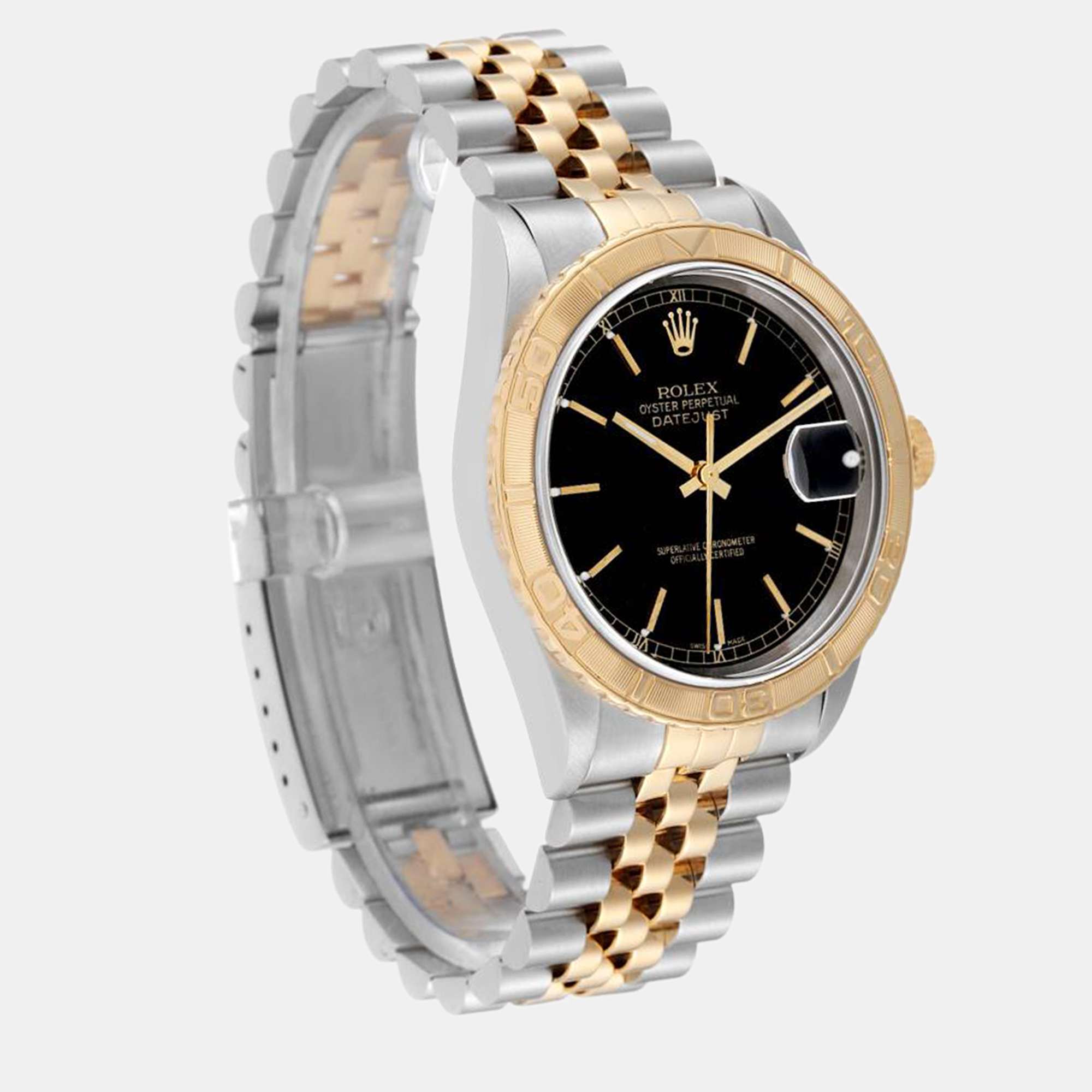 Rolex Datejust Turnograph Black Dial Yellow Gold Steel Men's Watch 16263 36 Mm