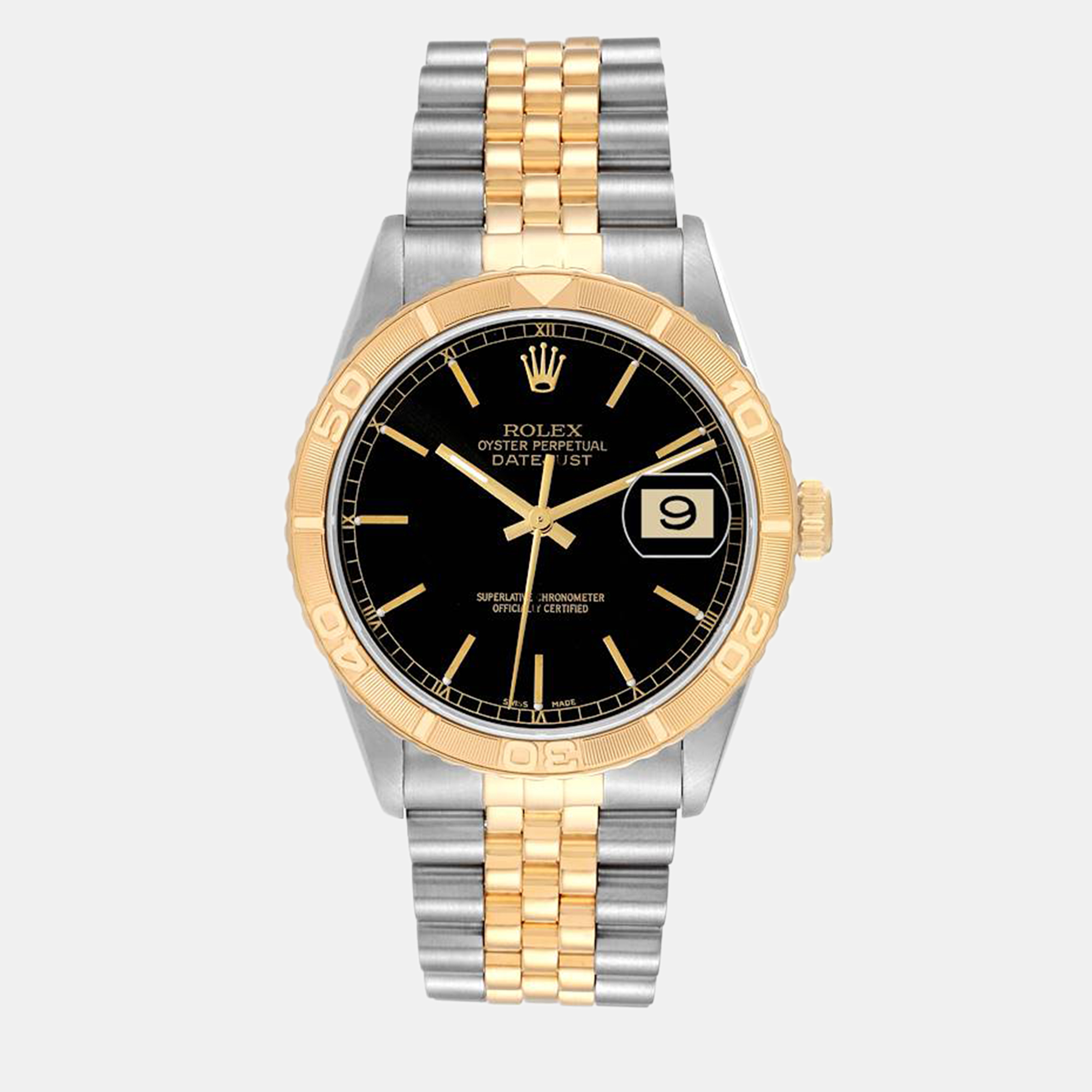 Rolex Datejust Turnograph Black Dial Yellow Gold Steel Men's Watch 16263 36 Mm