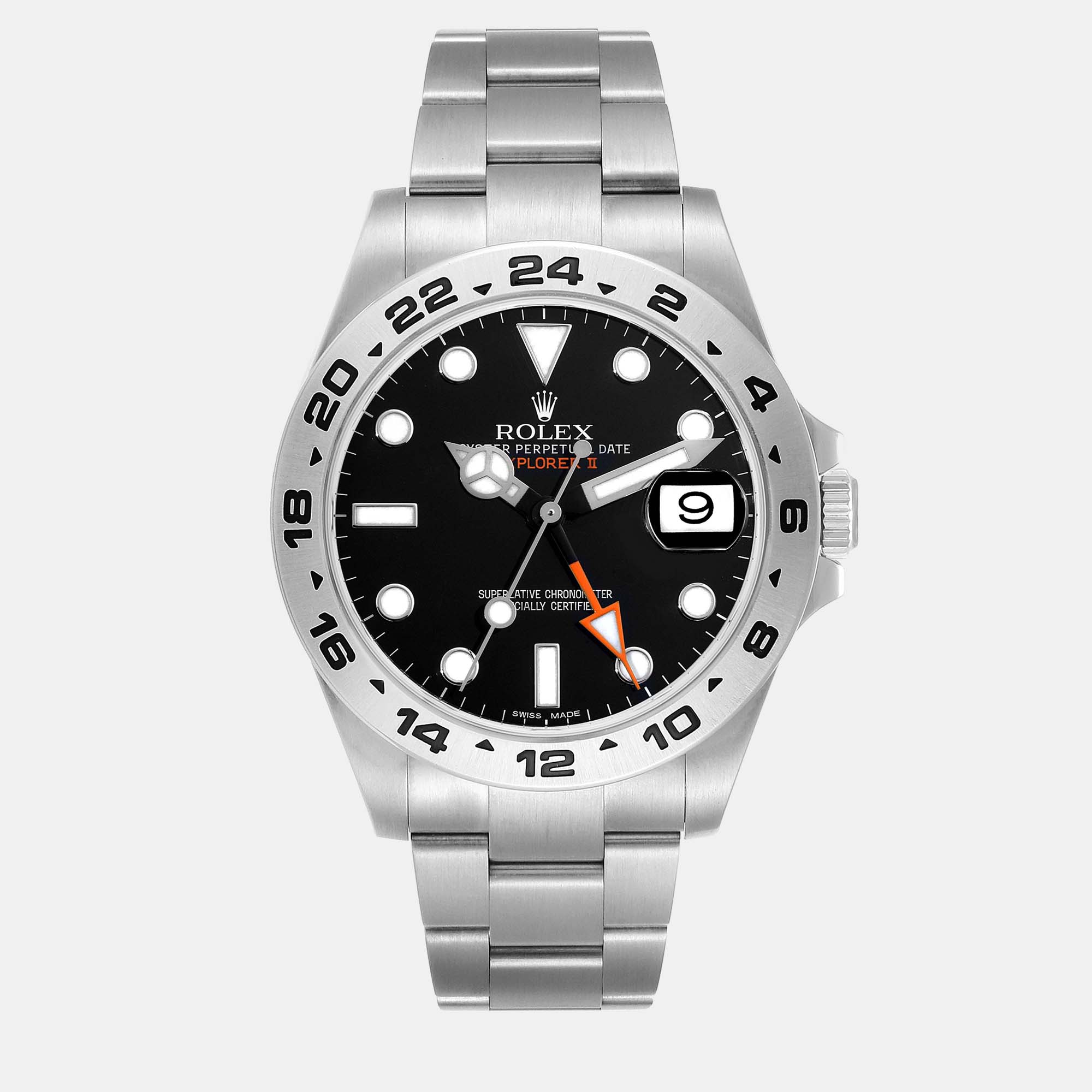 Rolex explorer ii black dial orange hand steel men's watch 216570 42 mm