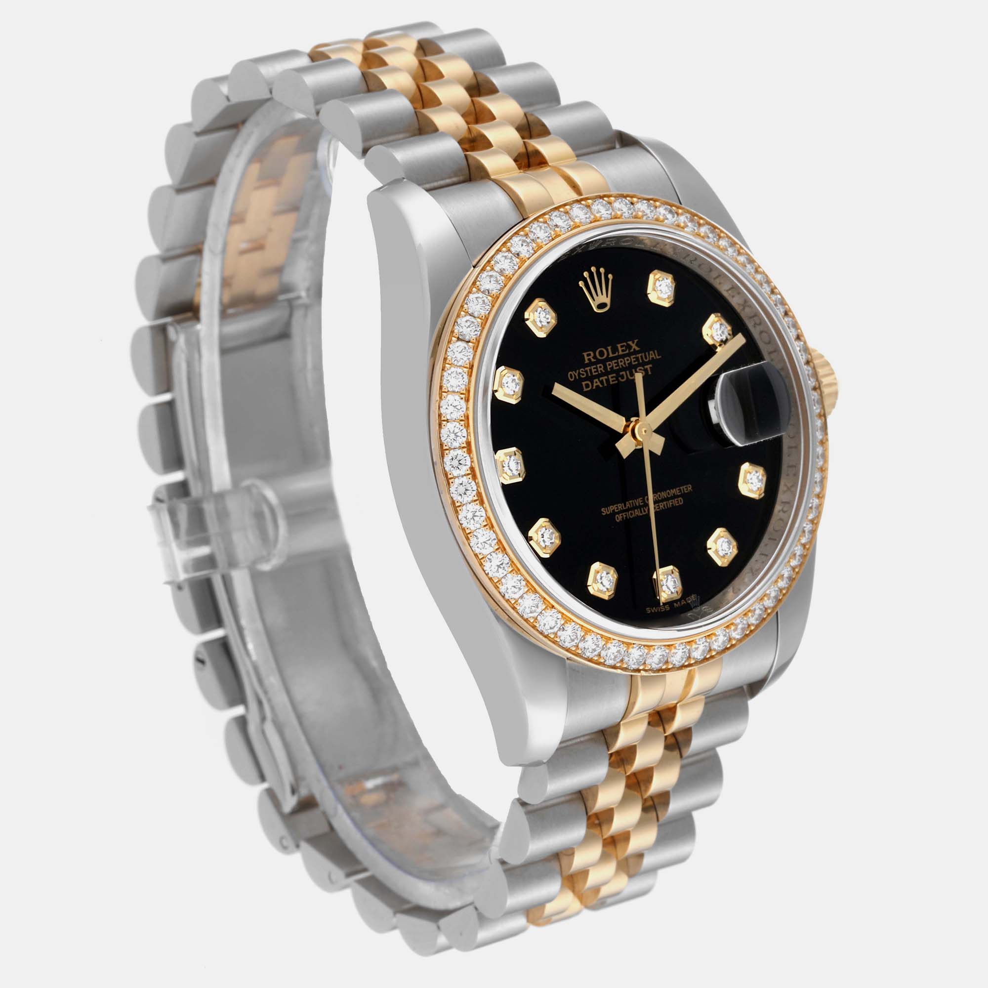 Rolex Datejust Black Dial Steel Yellow Gold Diamond Men's Watch 116243 36 Mm