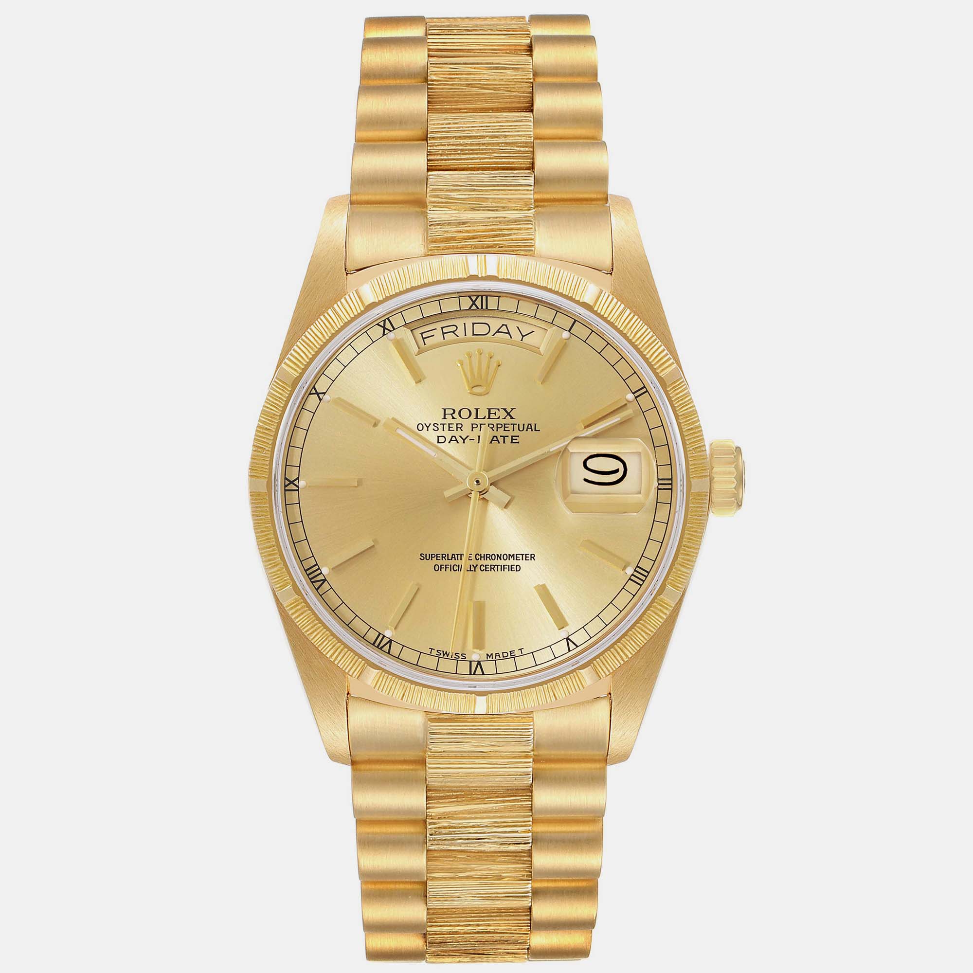 Rolex President Day-Date Yellow Gold Bark Finish Men's Watch 18078 36 Mm