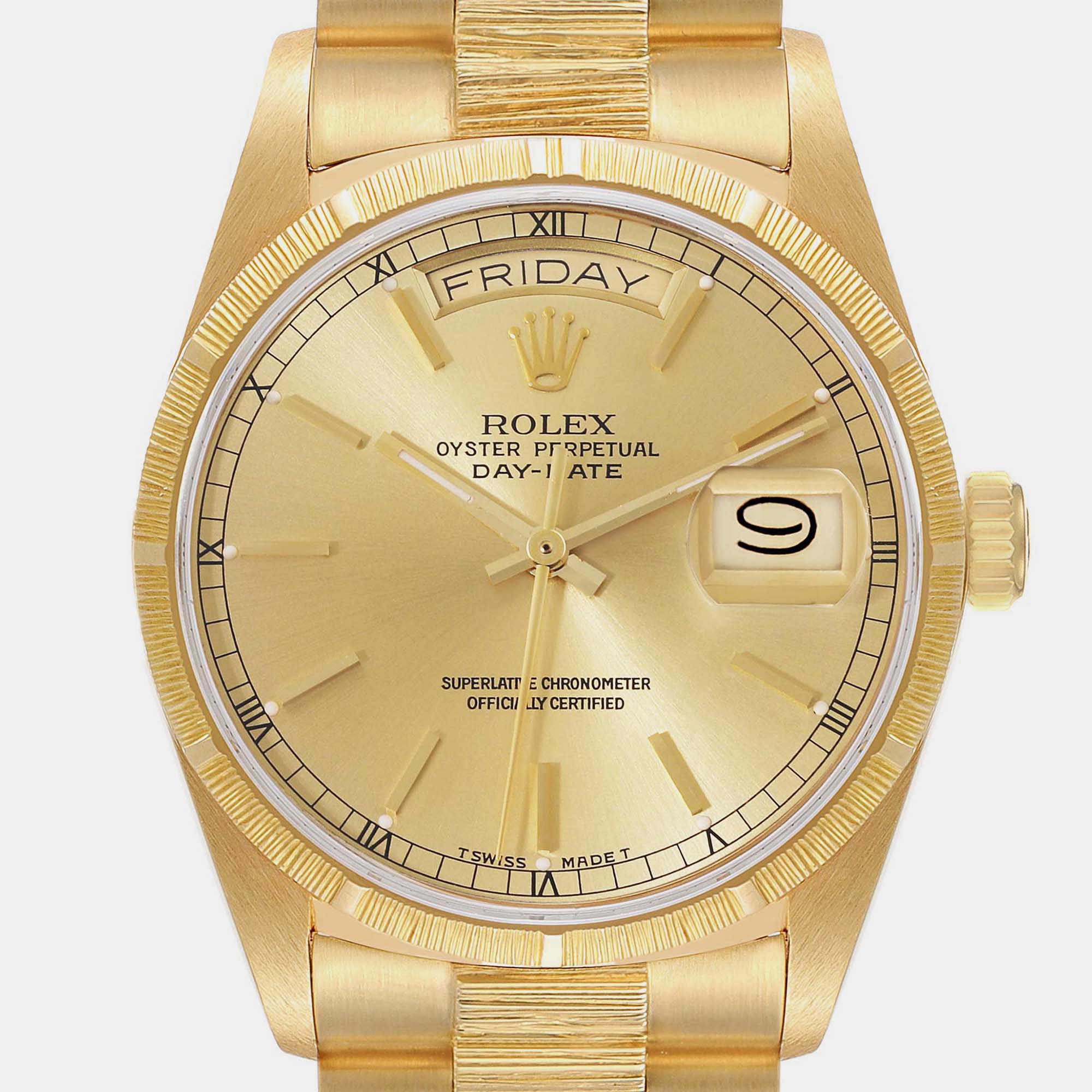 Rolex President Day-Date Yellow Gold Bark Finish Men's Watch 18078 36 Mm