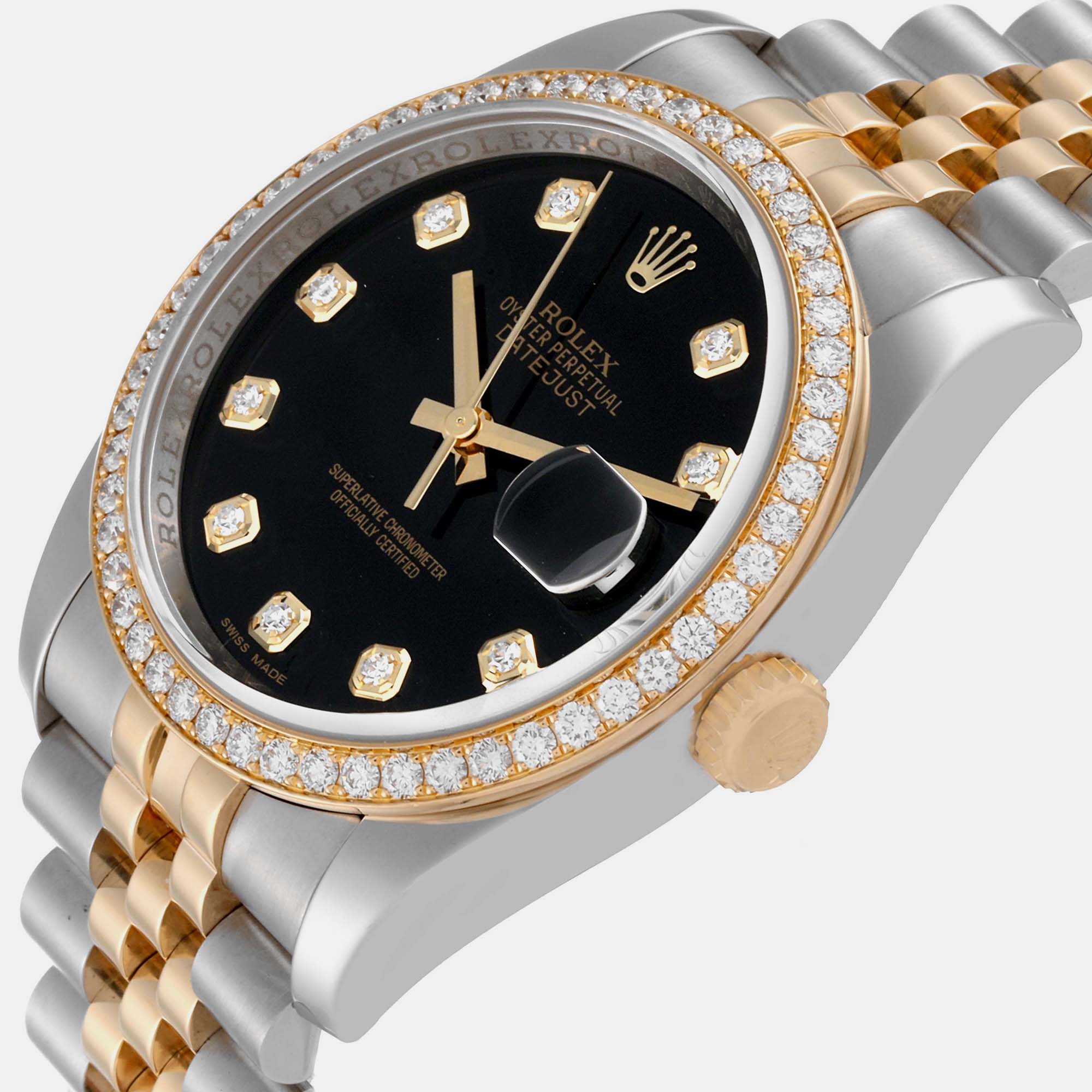 

Rolex Datejust Black Dial Steel Yellow Gold Diamond Men's Watch 116243 36 mm