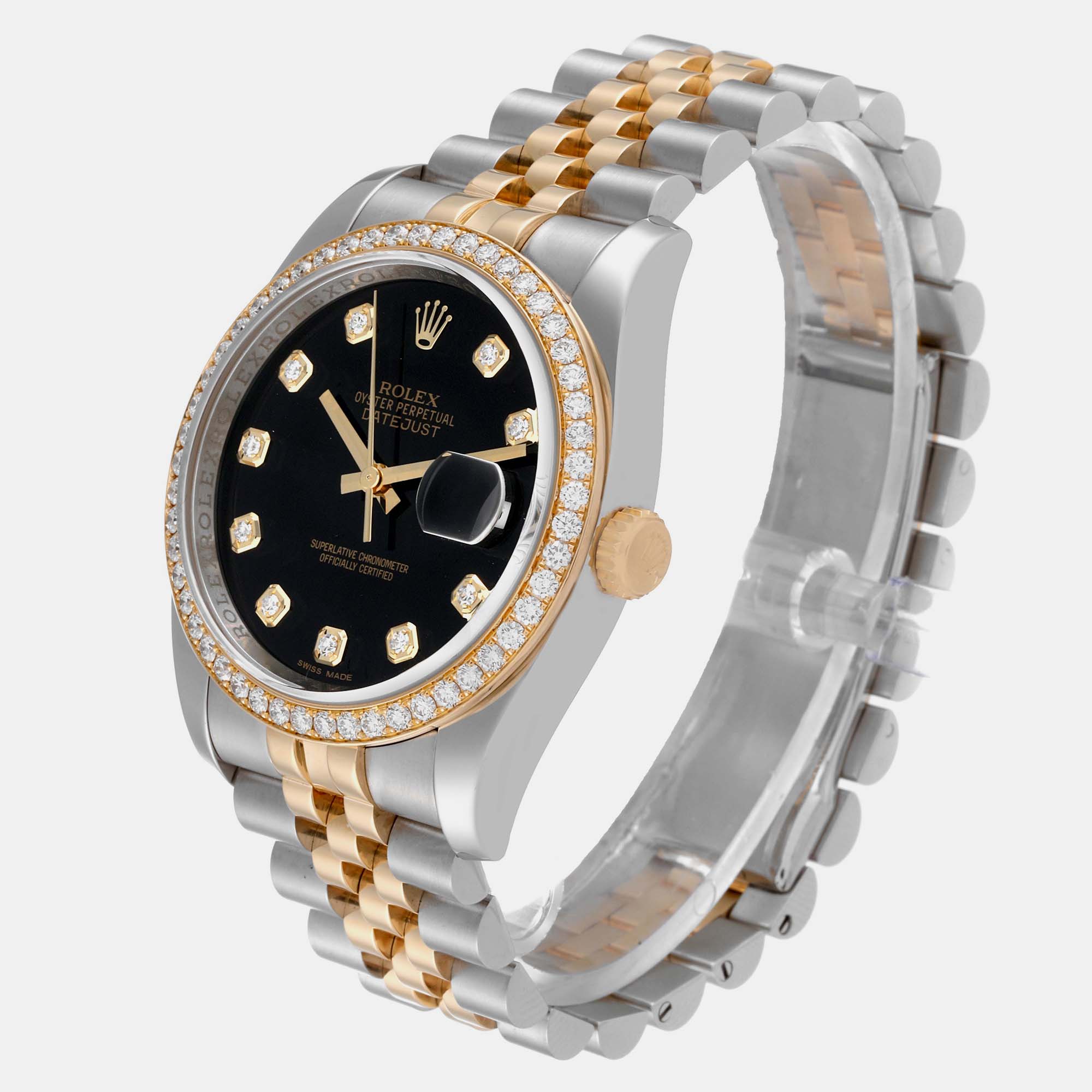 Rolex Datejust Black Dial Steel Yellow Gold Diamond Men's Watch 116243 36 Mm