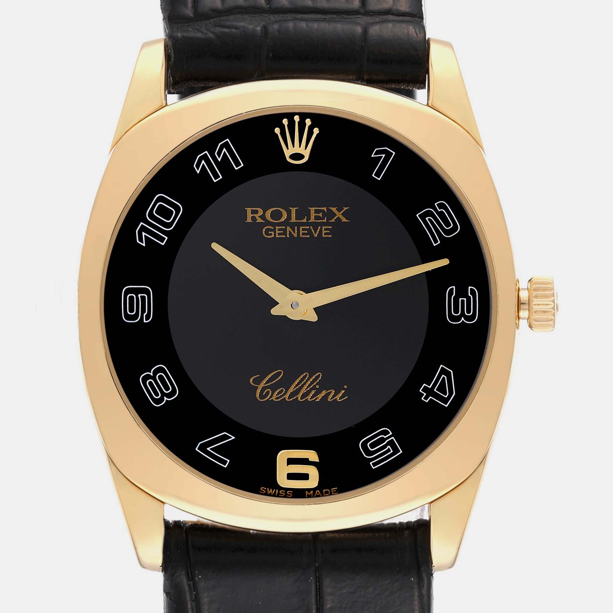 Rolex Cellini Danaos Yellow Gold Black Strap Mens Watch 4233 34 Mm