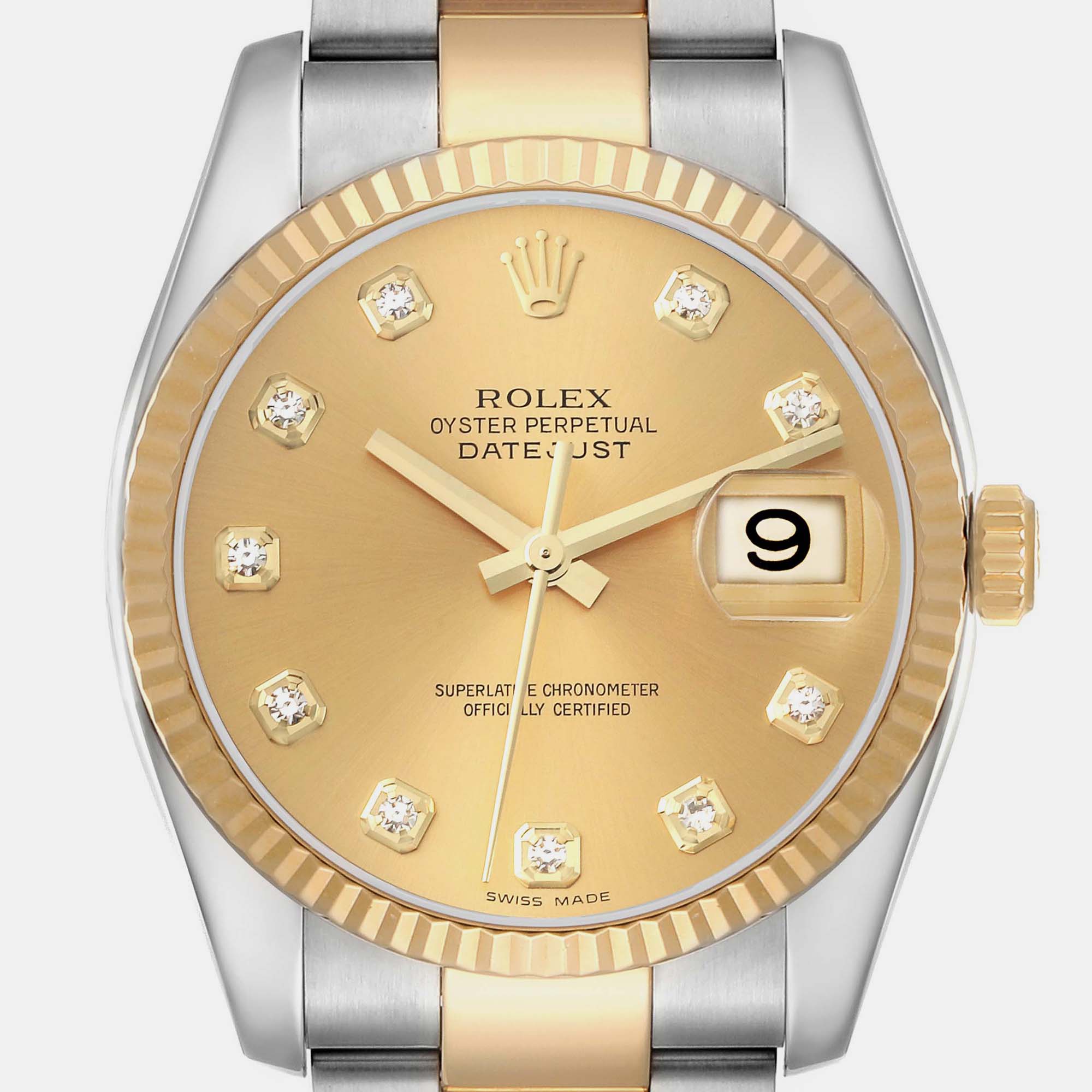 Rolex Datejust Steel Yellow Gold Champagne Diamond Dial Mens Watch 116233 36 Mm