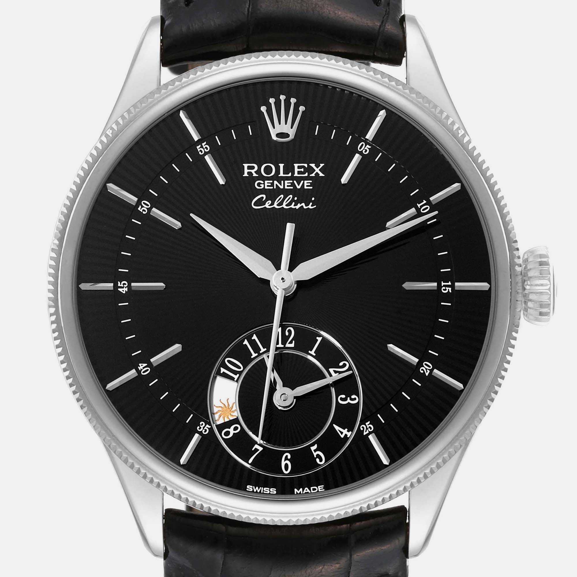 Rolex Cellini Dual Time White Gold Black Dial Automatic Mens Watch 50529 39 Mm