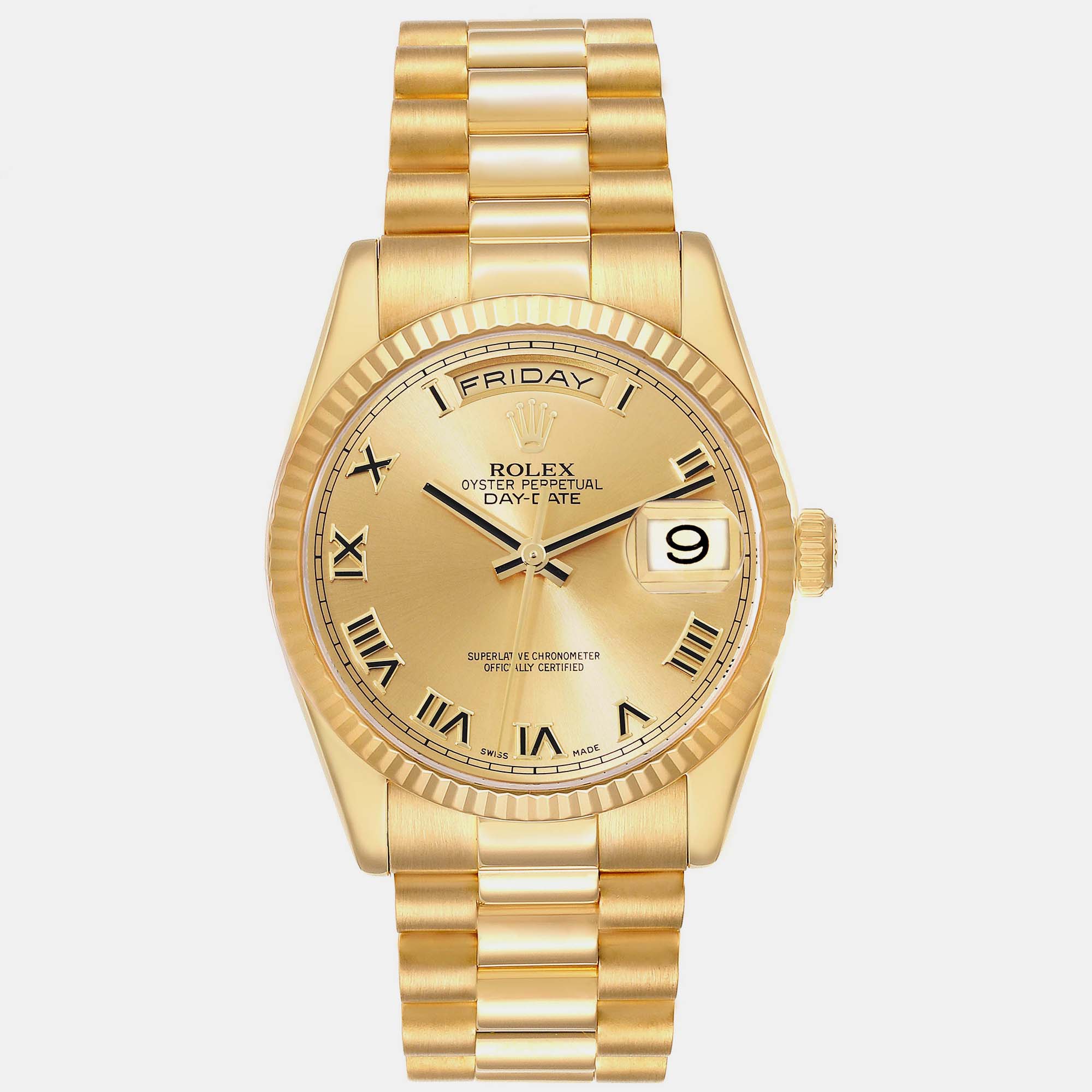 Rolex Day Date President Yellow Gold Champagne Dial Mens Watch 118238 36 Mm