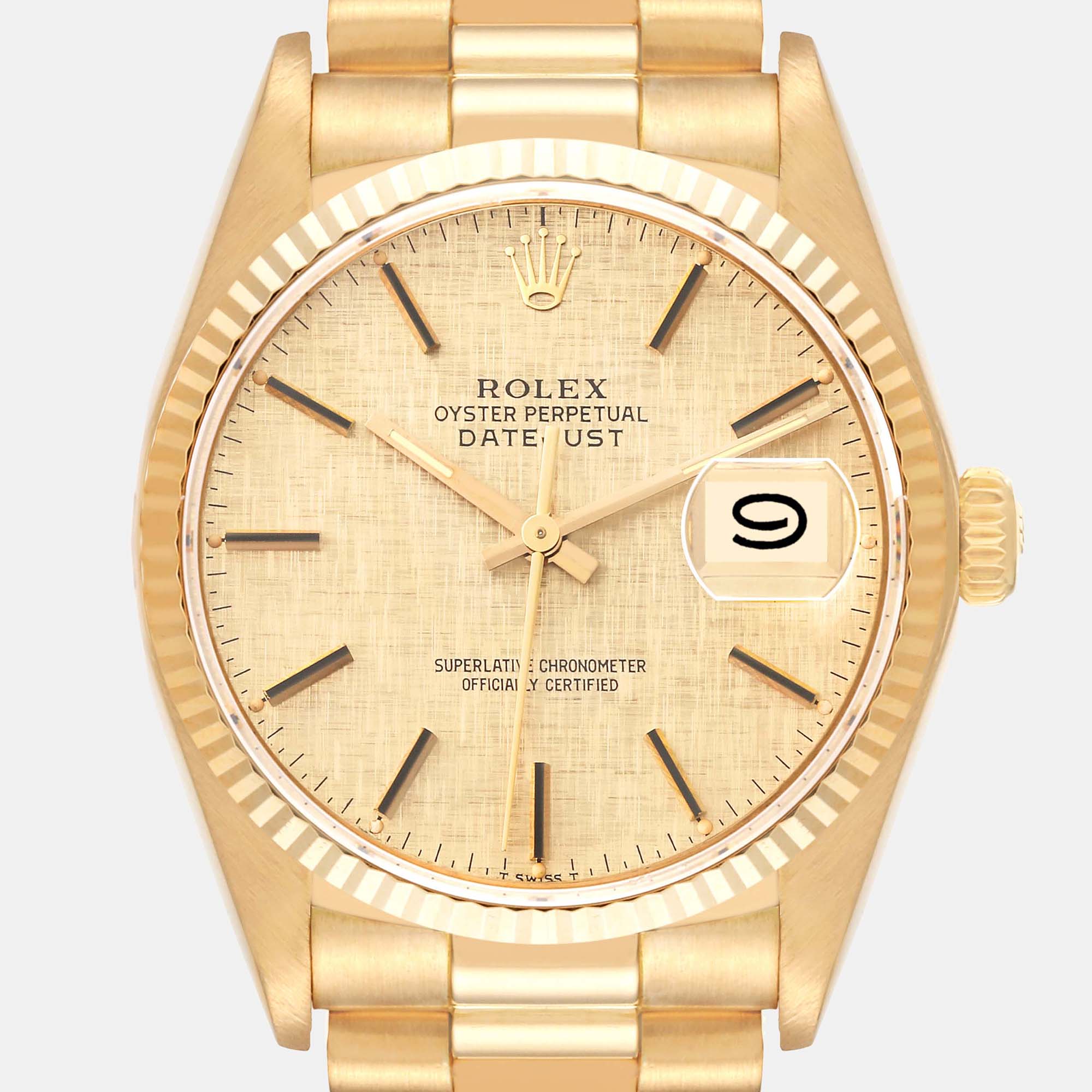 Rolex Datejust Yellow Gold Linen Dial Vintage Mens Watch 16018