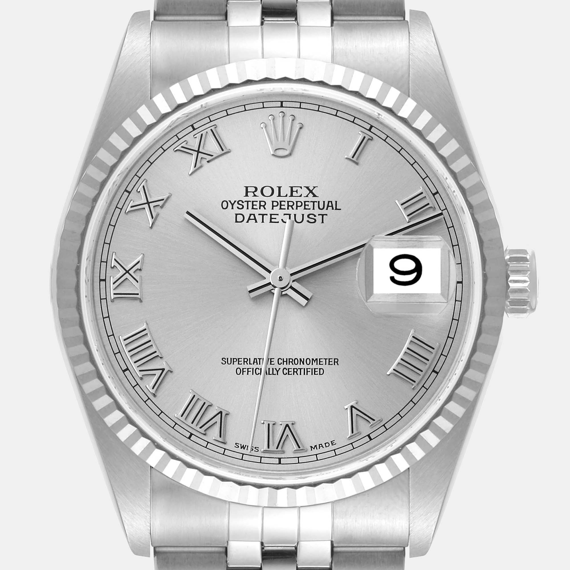 Rolex Datejust Steel White Gold Silver Roman Dial Mens Watch 16234