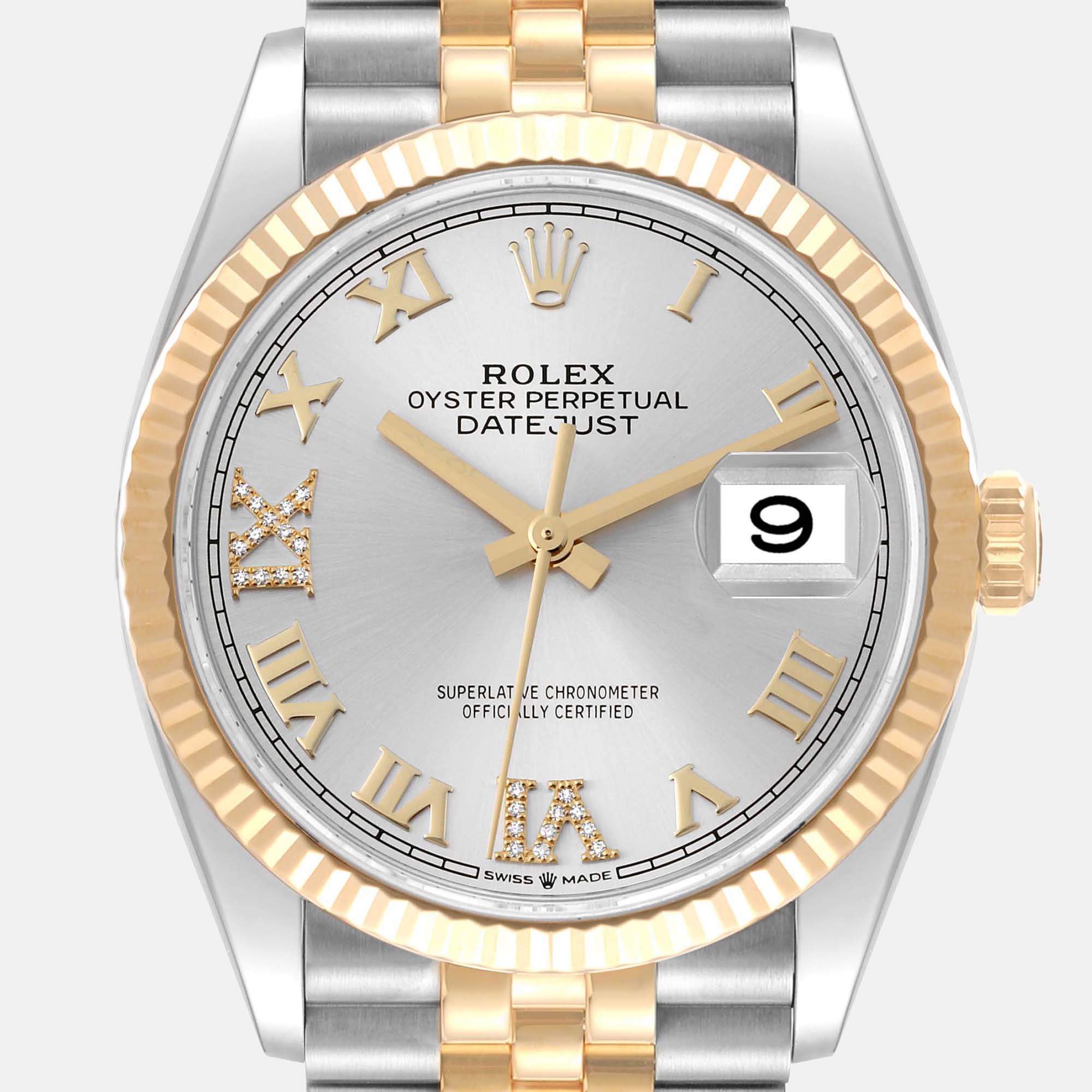Rolex Datejust Steel Yellow Gold Silver Diamond Dial Mens Watch 126233 36 Mm