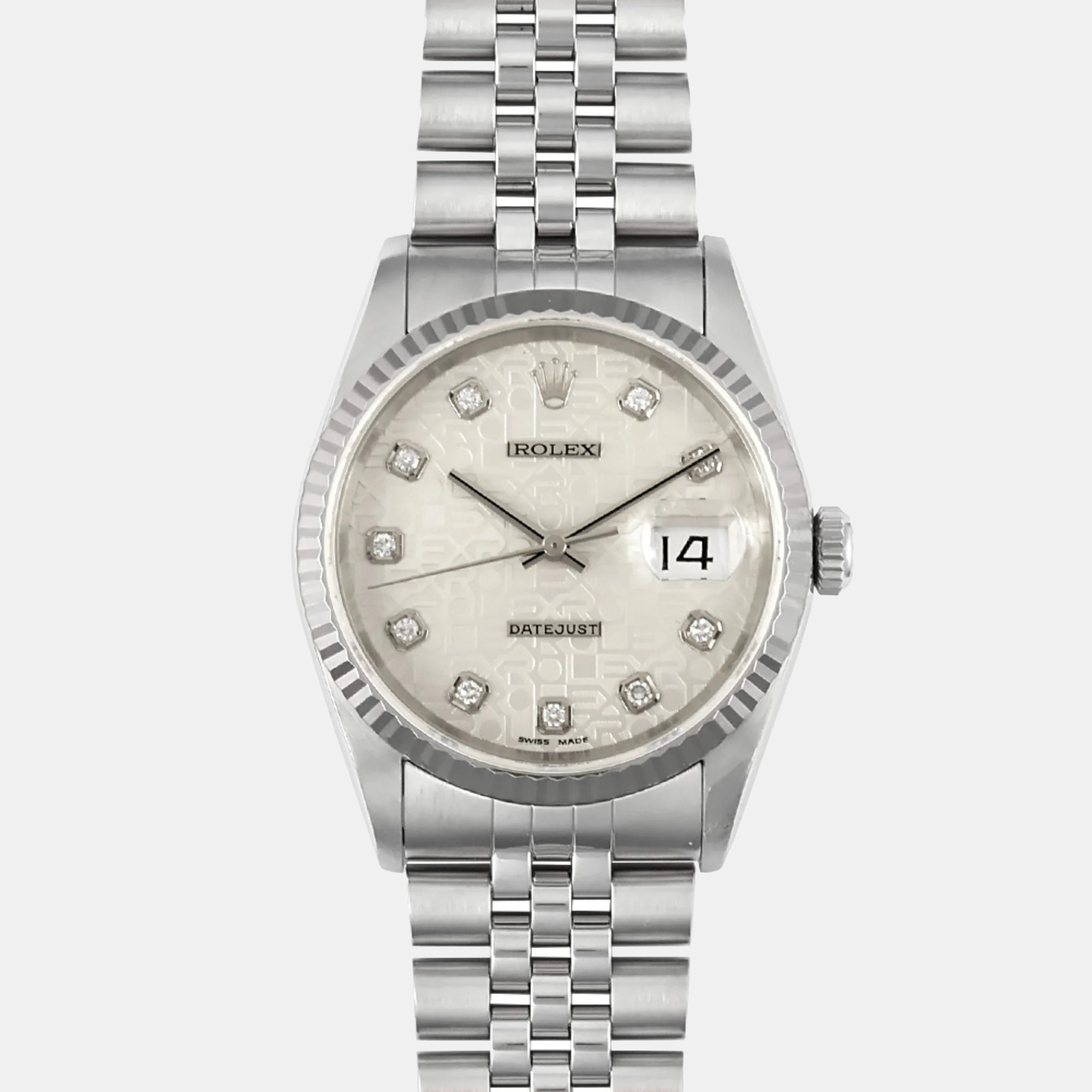 Rolex Silver 18k White Gold Stainless Steel Diamond Datejust 16234 Automatic Men's Wristwatch 36 Mm