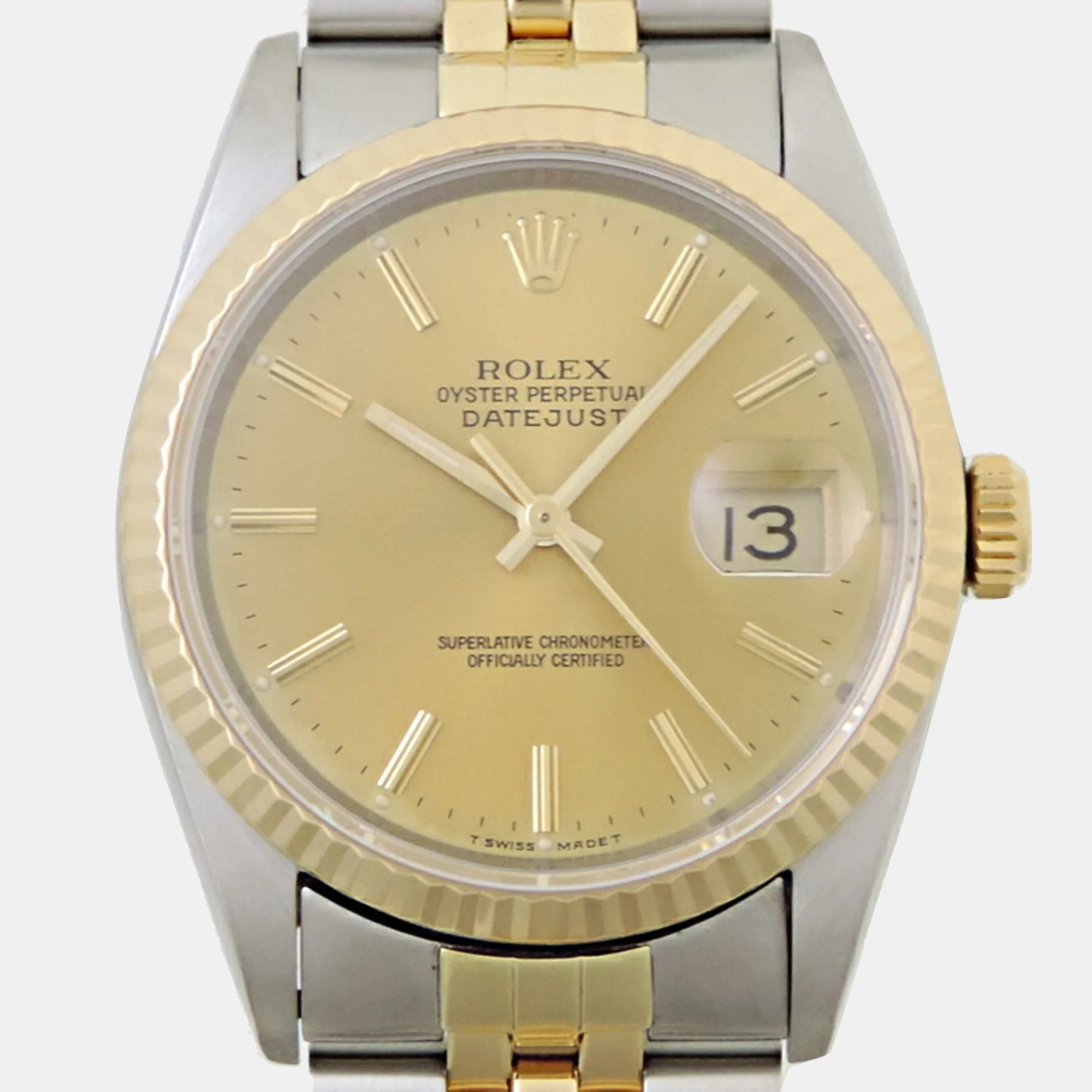 Rolex Champagne 18k Yellow Gold Stainless Steel Datejust 16233 Automatic Men's Wristwatch 36 Mm