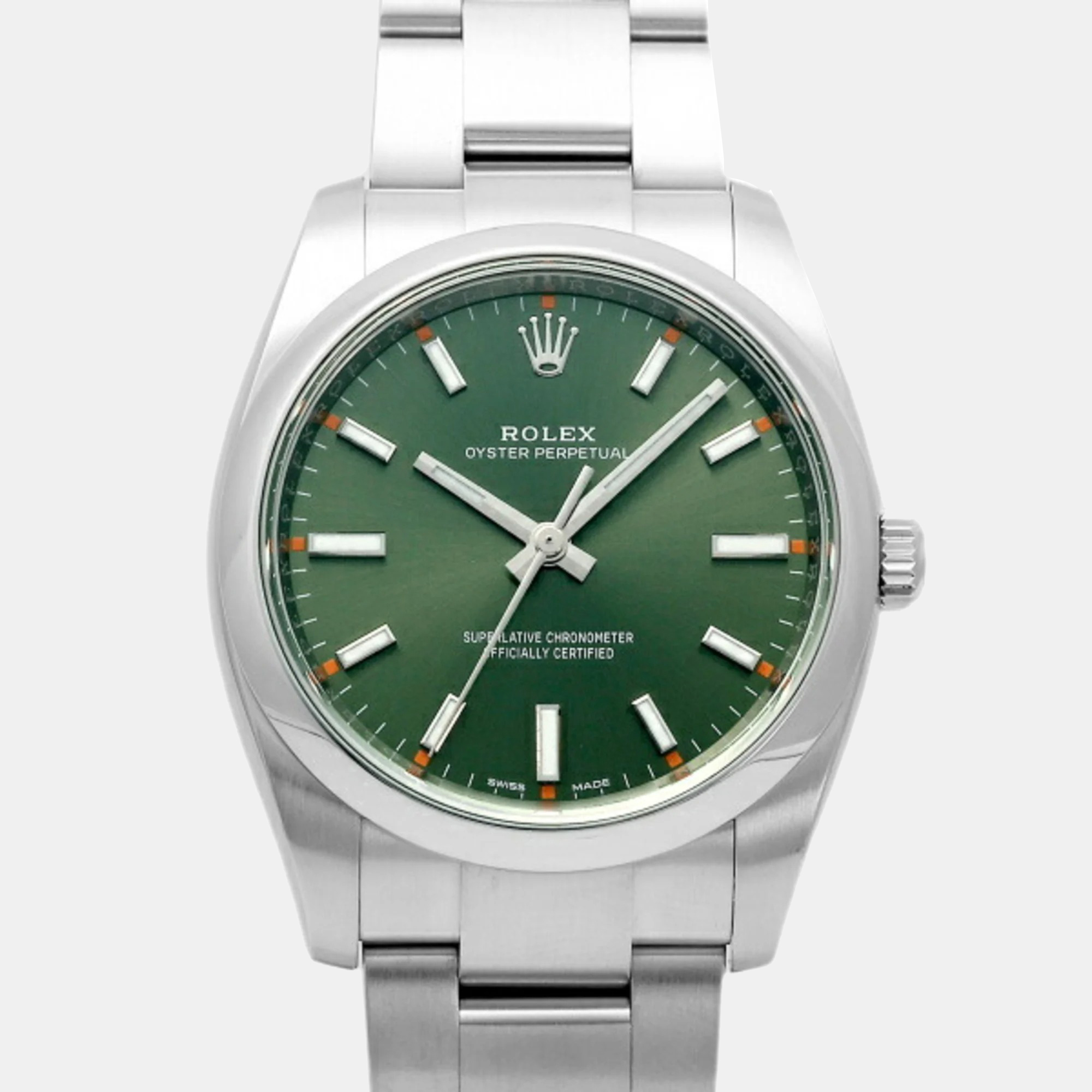 Rolex green stainless steel oyster perpetual 114200 automatic men's wristwatch 34 mm