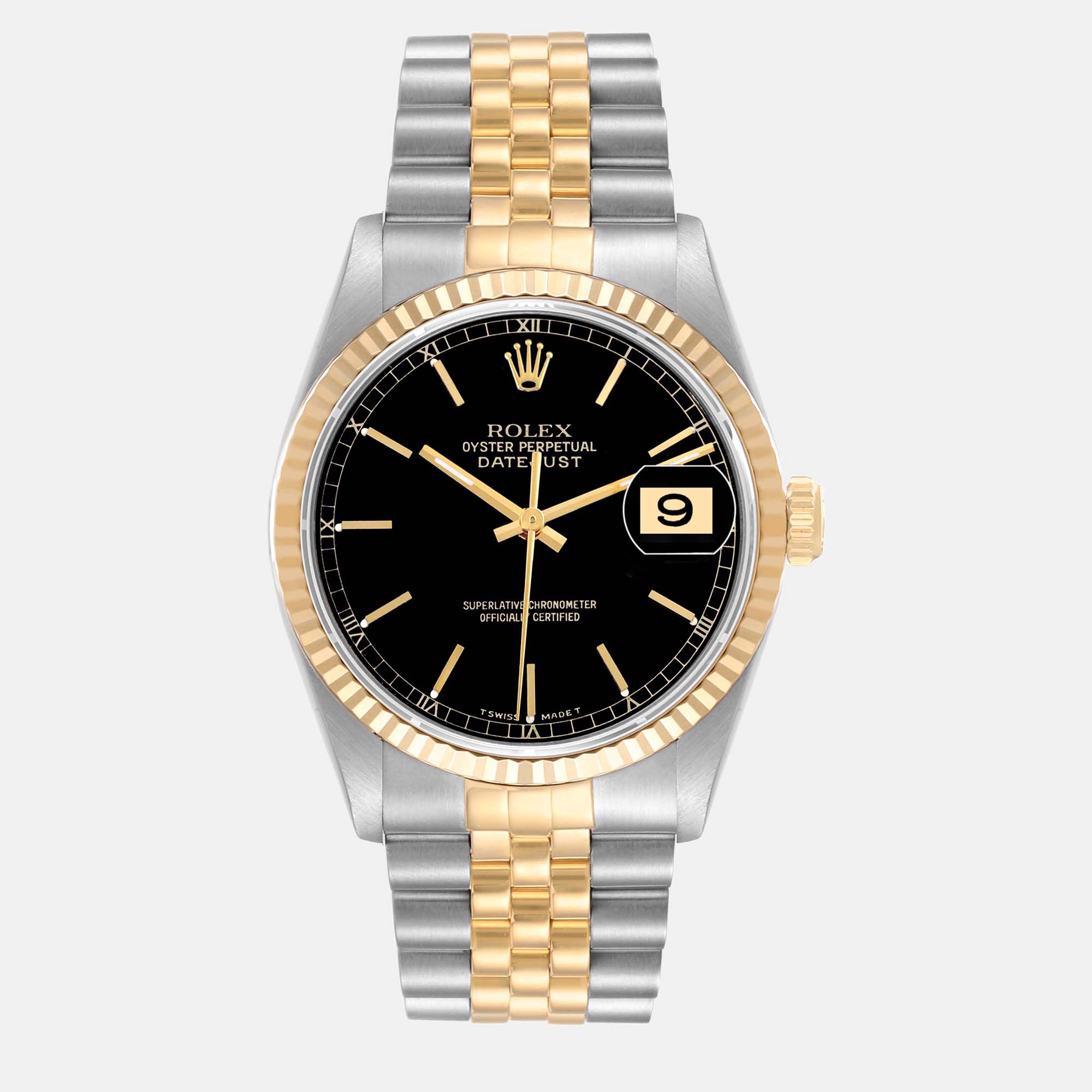 Rolex Datejust Steel Yellow Gold Black Dial Men's Watch 16233 36 Mm