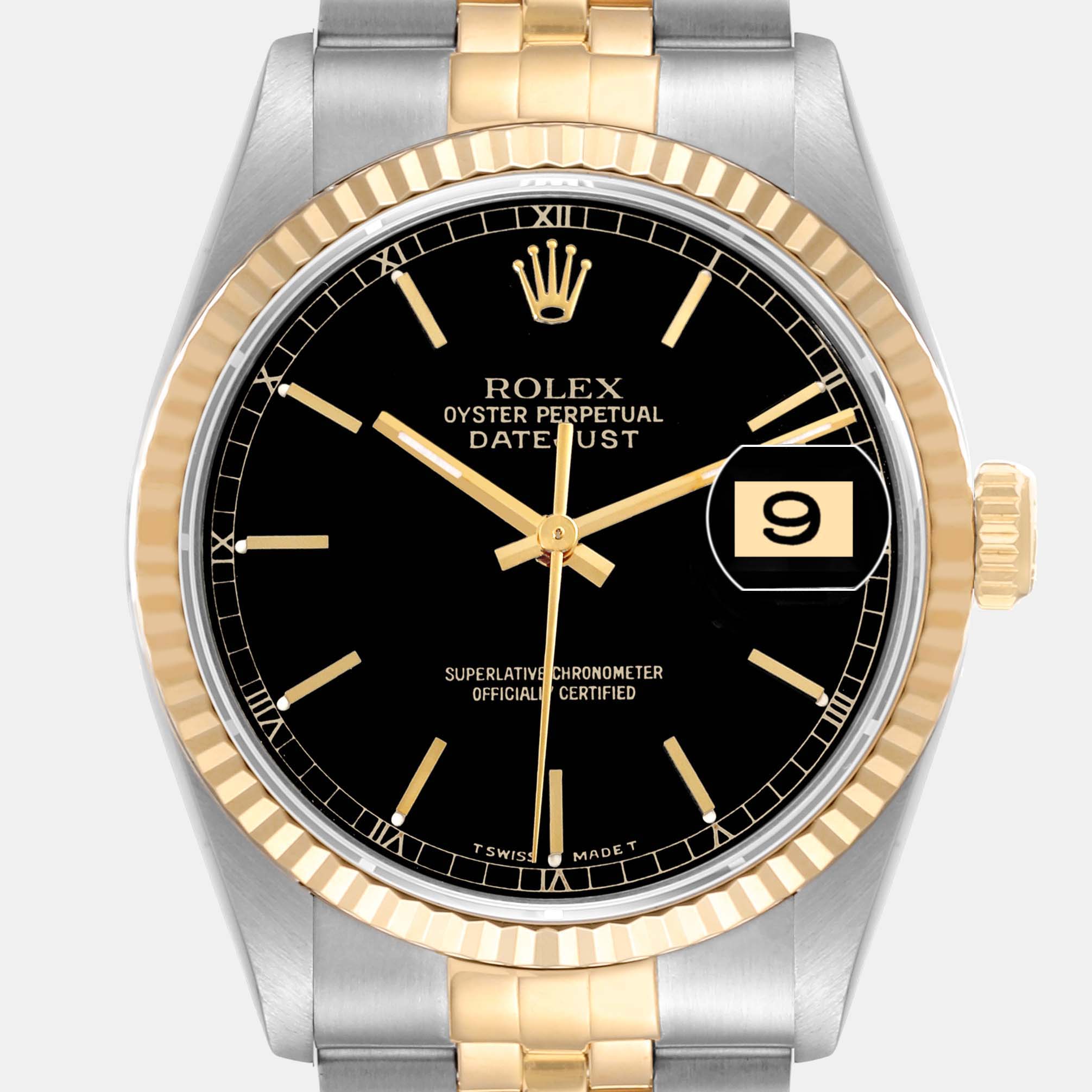 Rolex Datejust Steel Yellow Gold Black Dial Men's Watch 16233 36 Mm