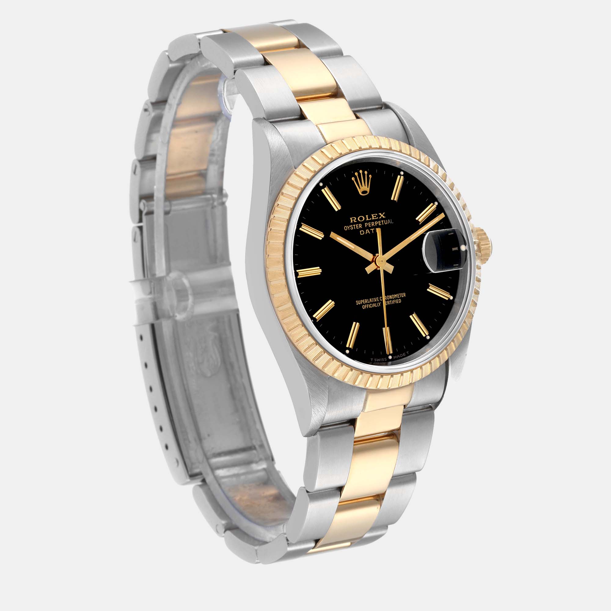 Rolex Date Steel Yellow Gold Black Dial Men's Watch 15223 34 Mm