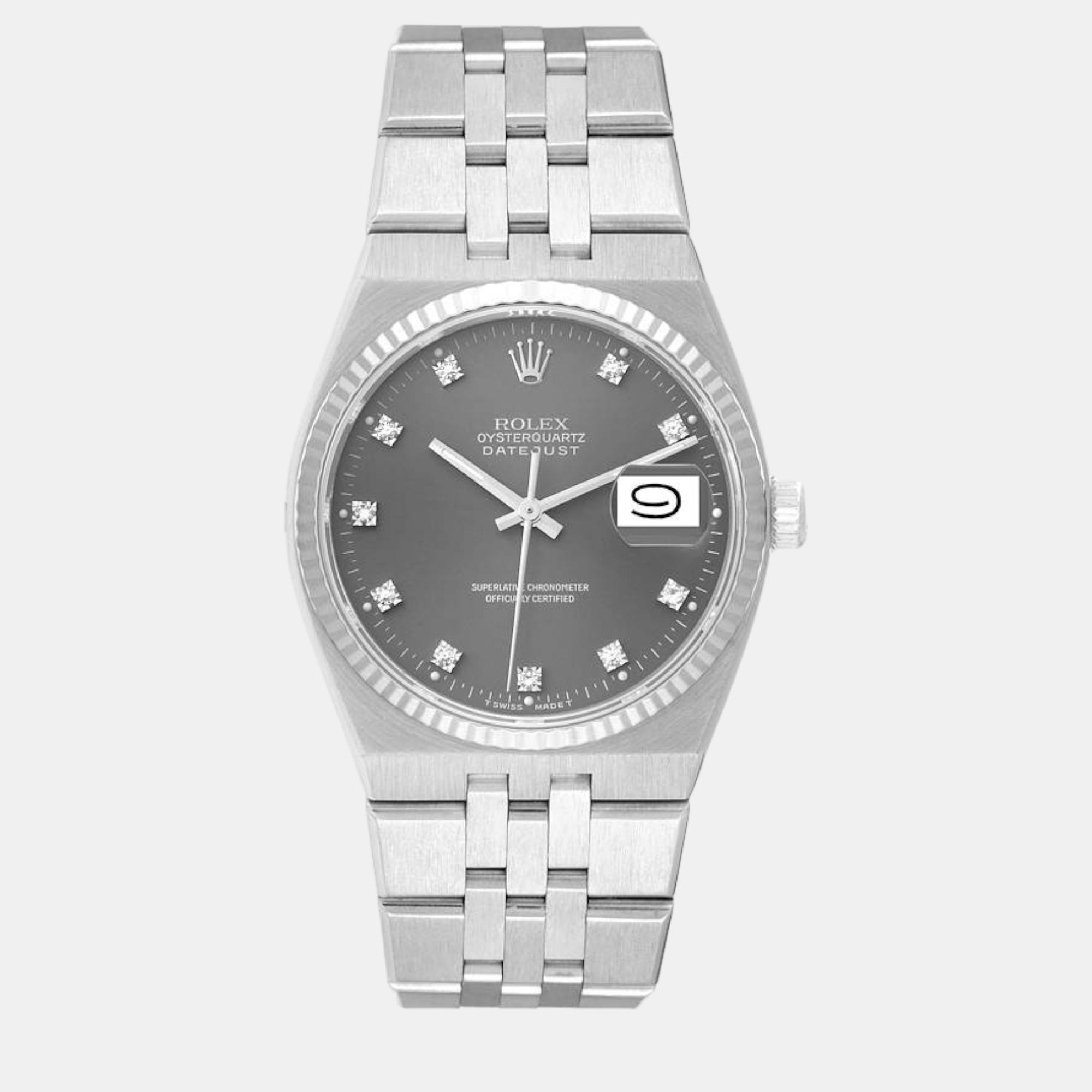 Rolex oyster quartz datejust steel white gold diamond dial men's watch 17014 36 mm