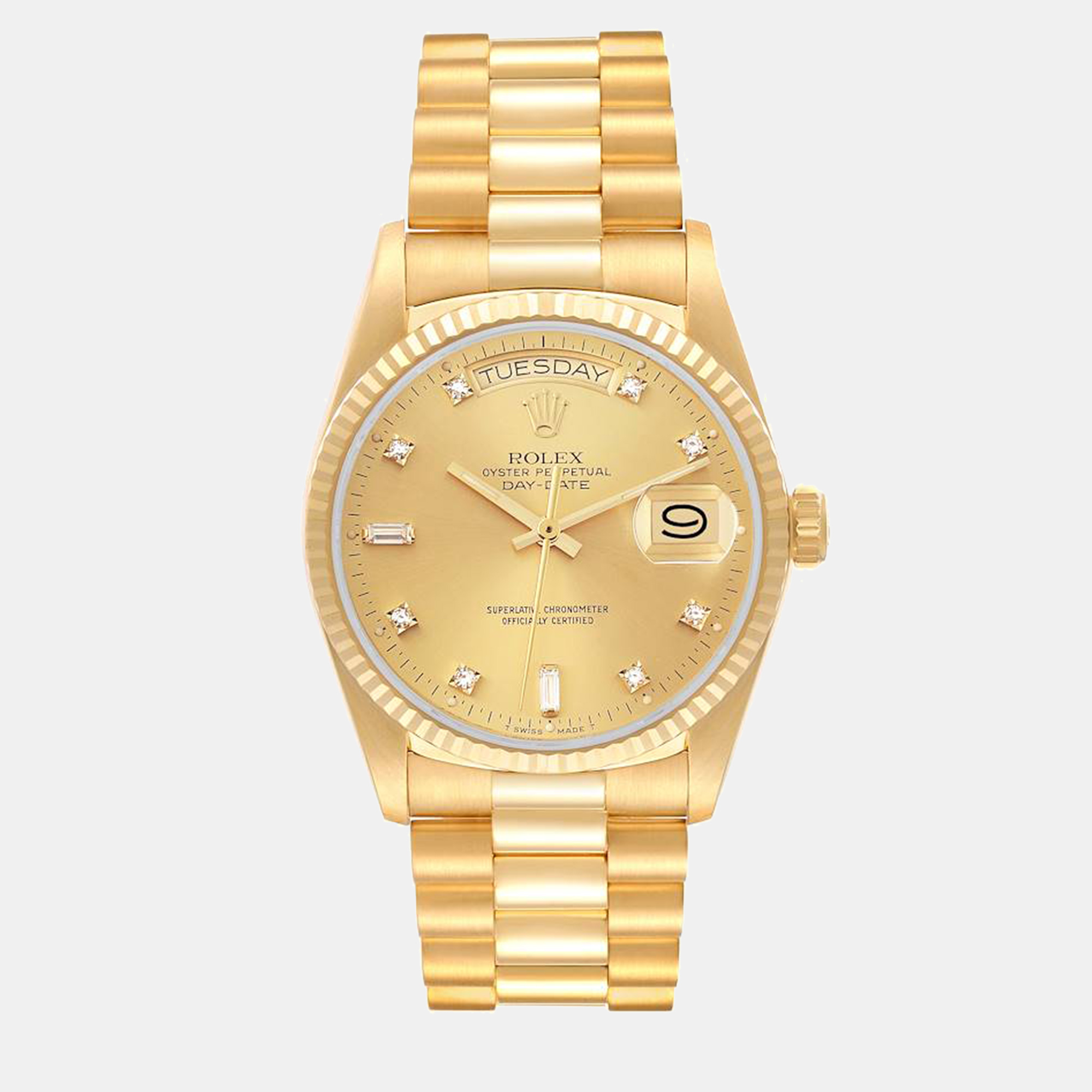 Rolex president day-date yellow gold diamond dial men's watch 18038 36 mm