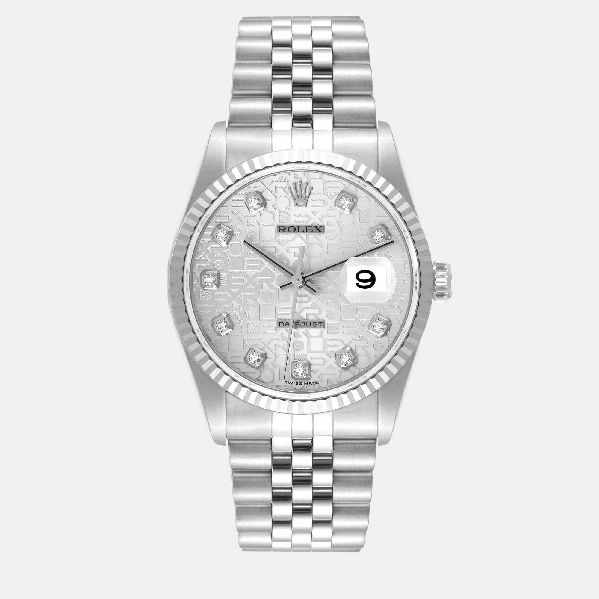 Rolex datejust steel white gold silver anniversary diamond dial mens watch 16234