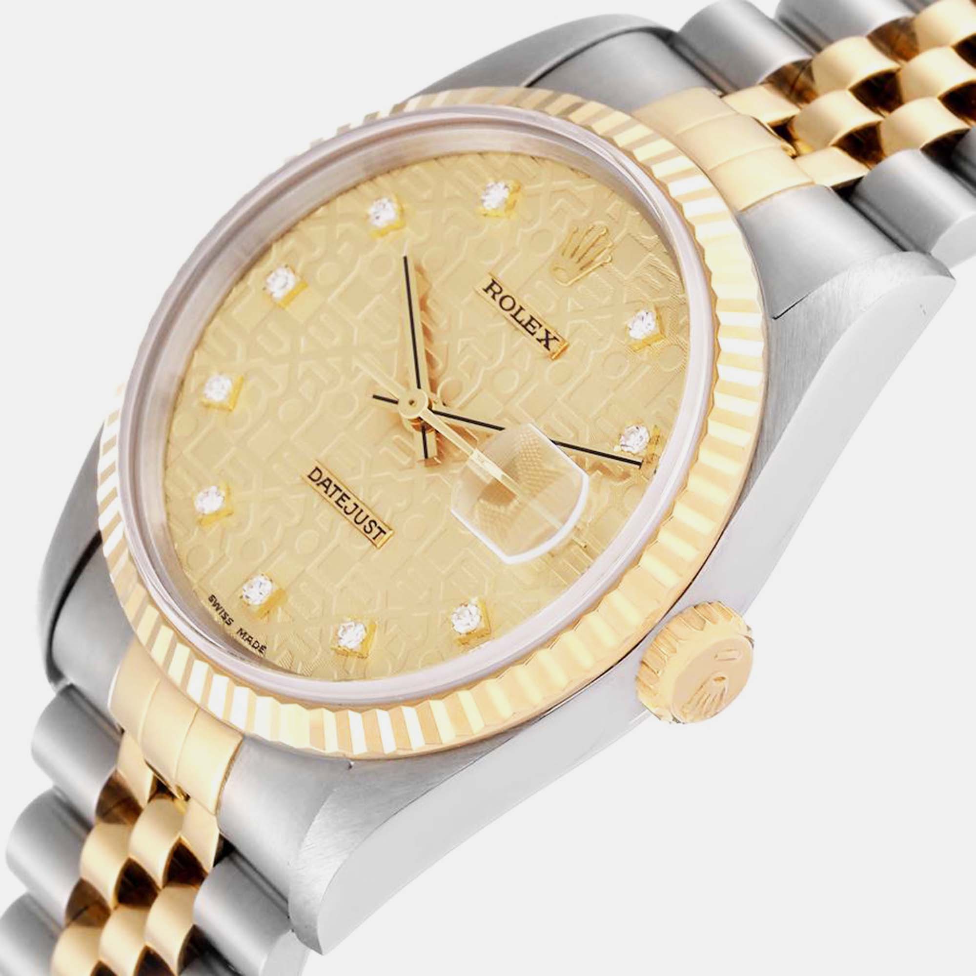Rolex Datejust Anniversary Diamond Dial Steel Yellow Gold Mens Watch 16233
Rolex Datejust Anniversary Diamond Dial Steel Yellow Gold Mens Watch 16233