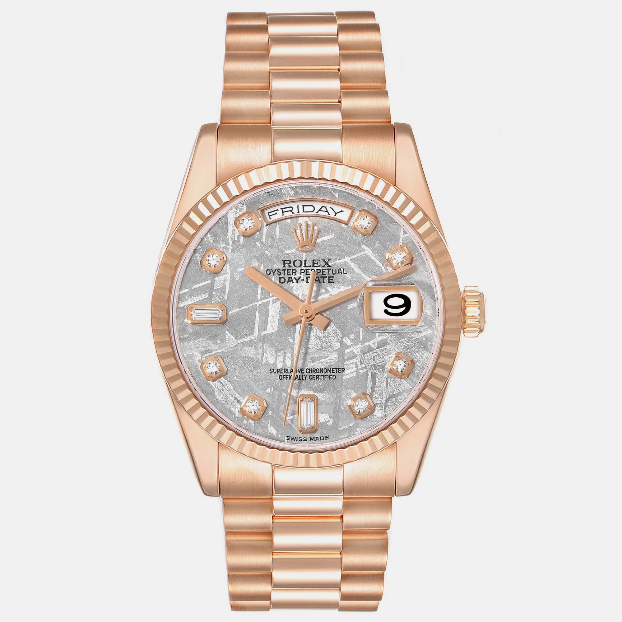 Rolex President Day-Date Rose Gold Meteorite Diamond Dial Men's Watch, Grey
Rolex President Day-Date Rose Gold Meteorite Diamond Dial Men's Watch, Grey