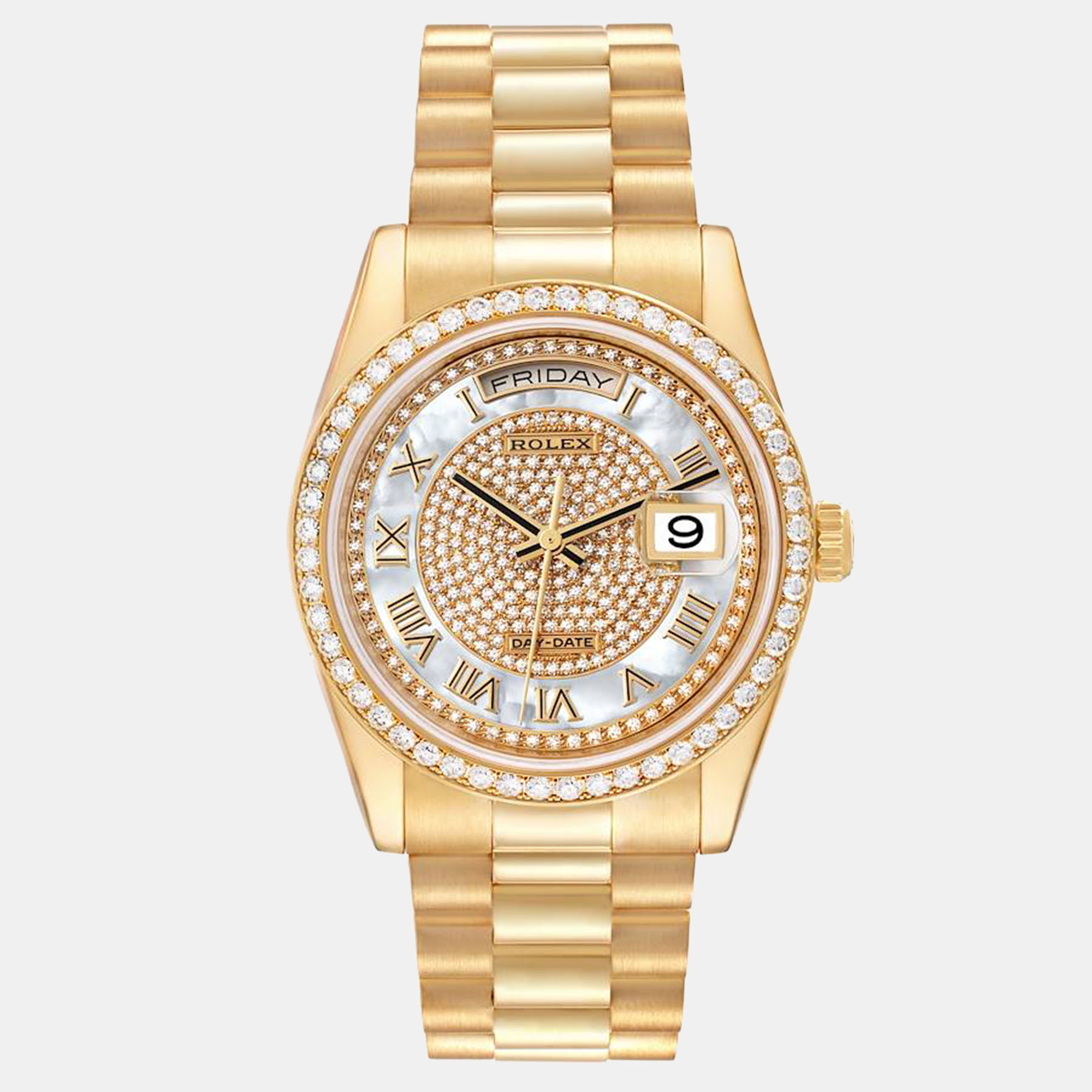 Rolex Day Date President Yellow Gold Mother Of Pearl Dial Diamond Men's Watch, White
Rolex Day Date President Yellow Gold Mother Of Pearl Dial Diamond Men's Watch, White