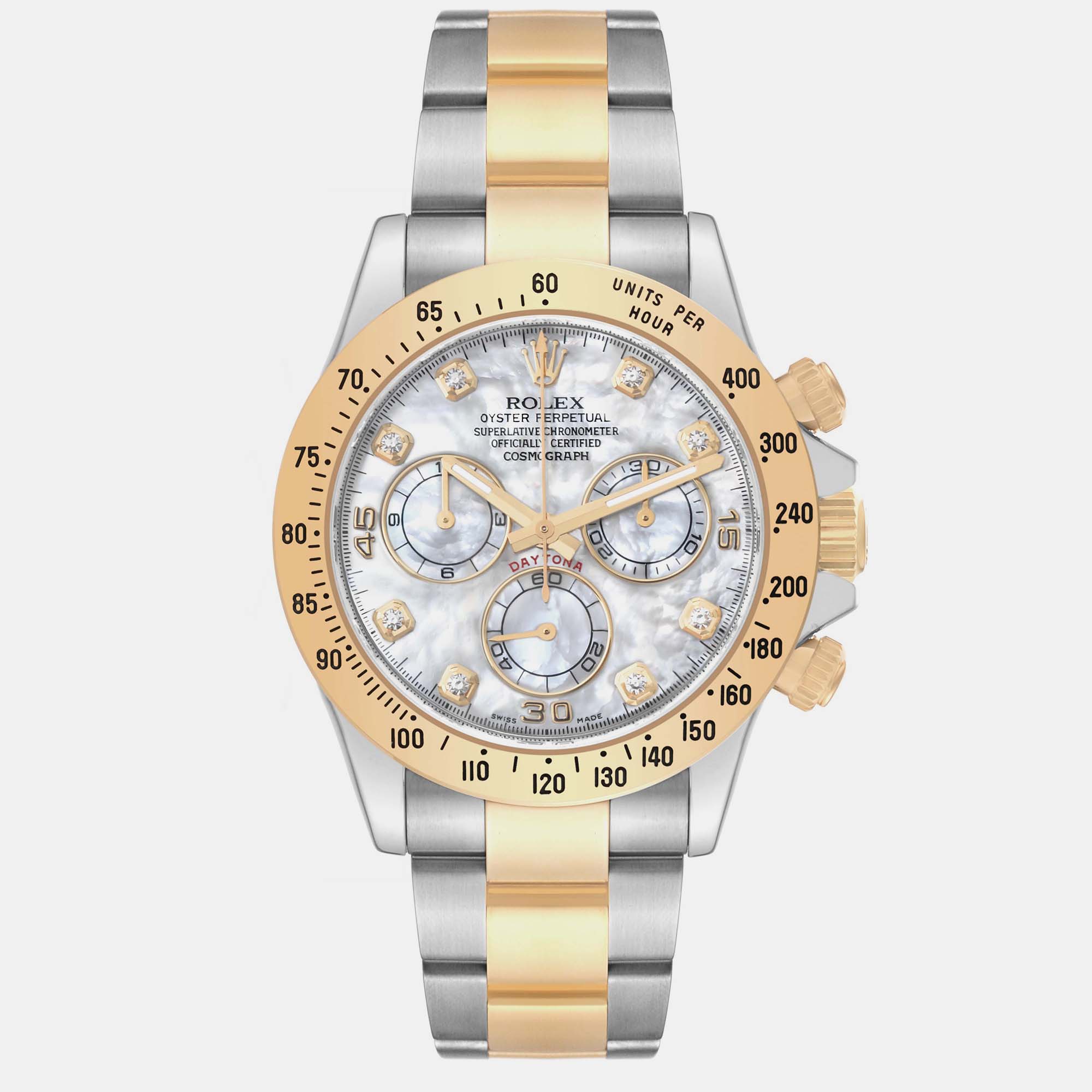Rolex Daytona Yellow Gold Steel Mother of Pearl Diamond Dial Men's Watch 40 mm, White
Rolex Daytona Yellow Gold Steel Mother of Pearl Diamond Dial Men's Watch 40 mm, White