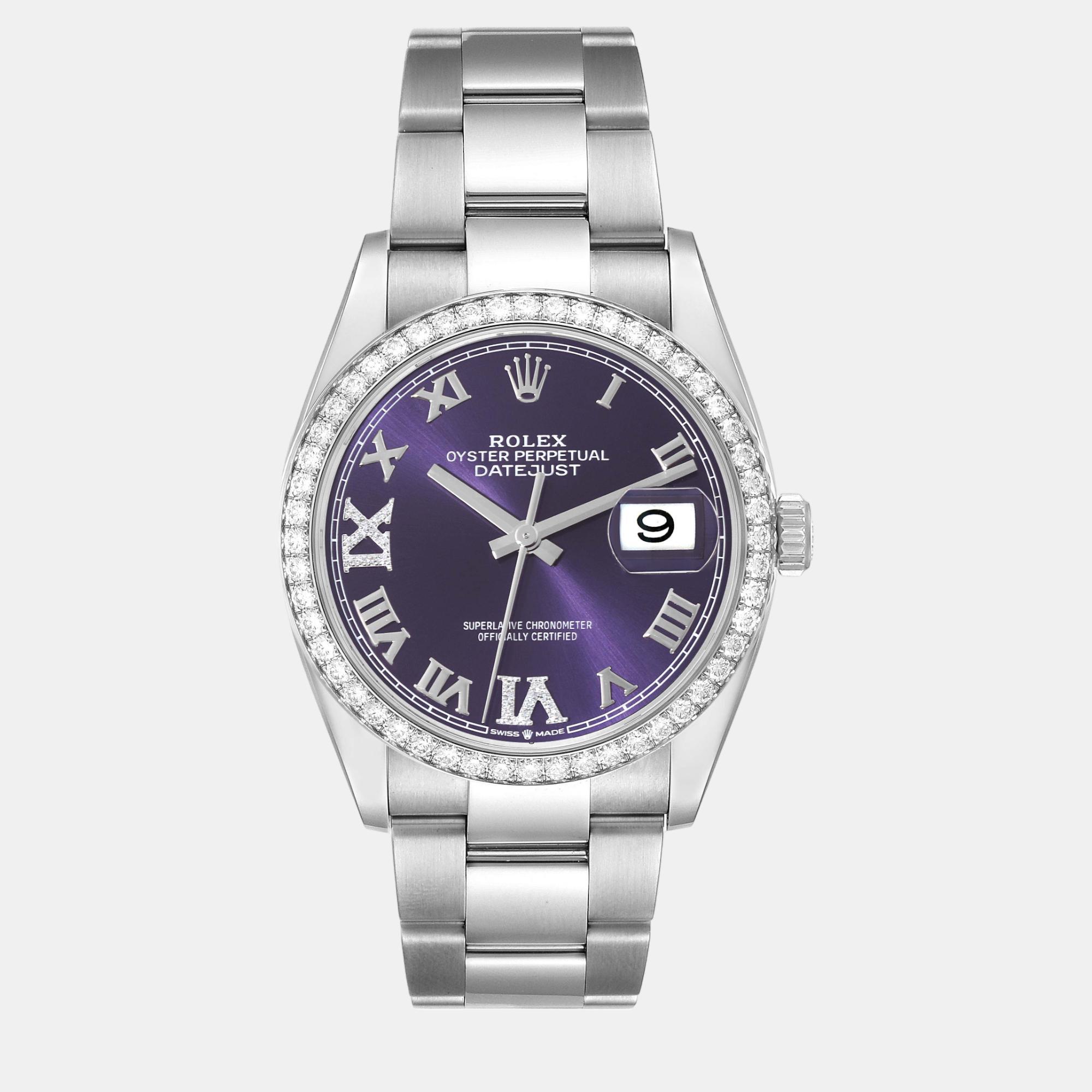 Rolex datejust steel purple diamond dial bezel men's watch 126284 36 mm