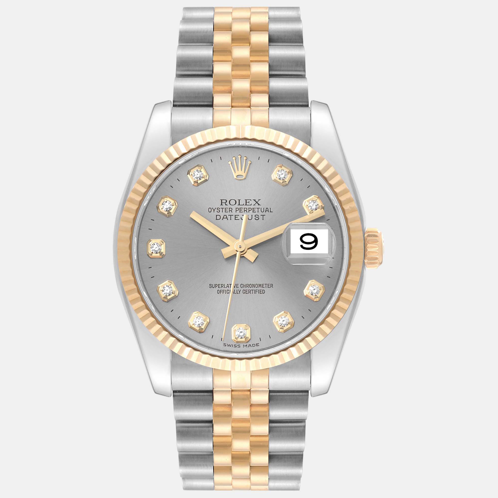 Rolex Datejust Steel Yellow Gold Diamond Dial Men's Watch 36 mm, Silver
Rolex Datejust Steel Yellow Gold Diamond Dial Men's Watch 36 mm, Silver