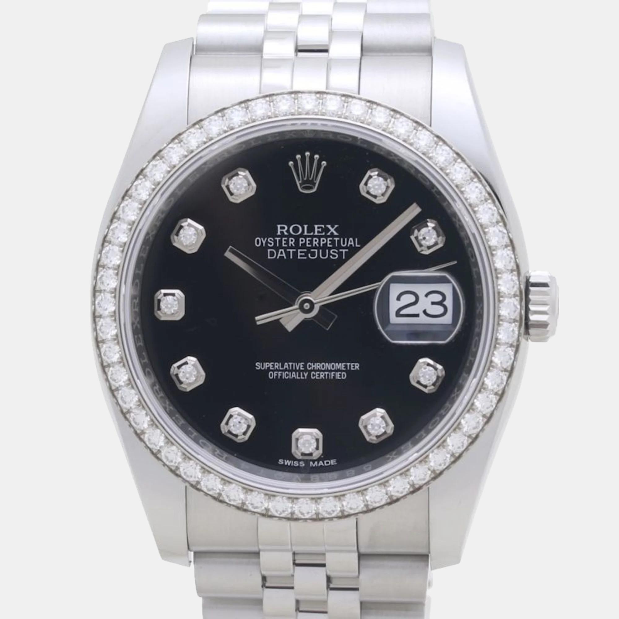Rolex black 18k white gold stainless steel diamond datejust 116244 automatic men's wristwatch 36 mm