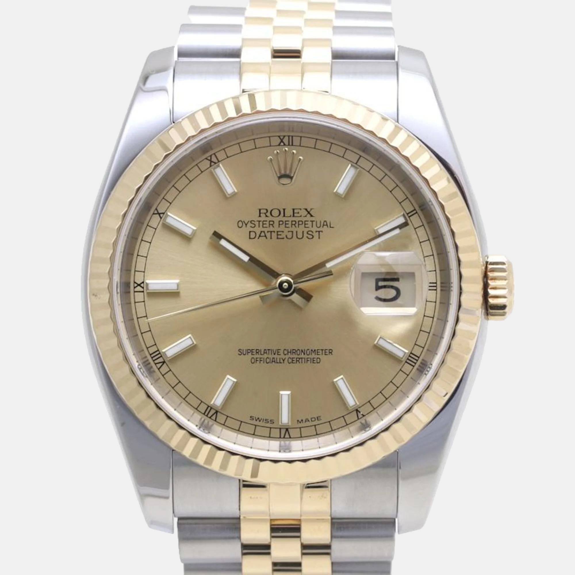 Rolex champagne 18k yellow gold stainless steel datejust 116233 automatic men's wristwatch 36 mm