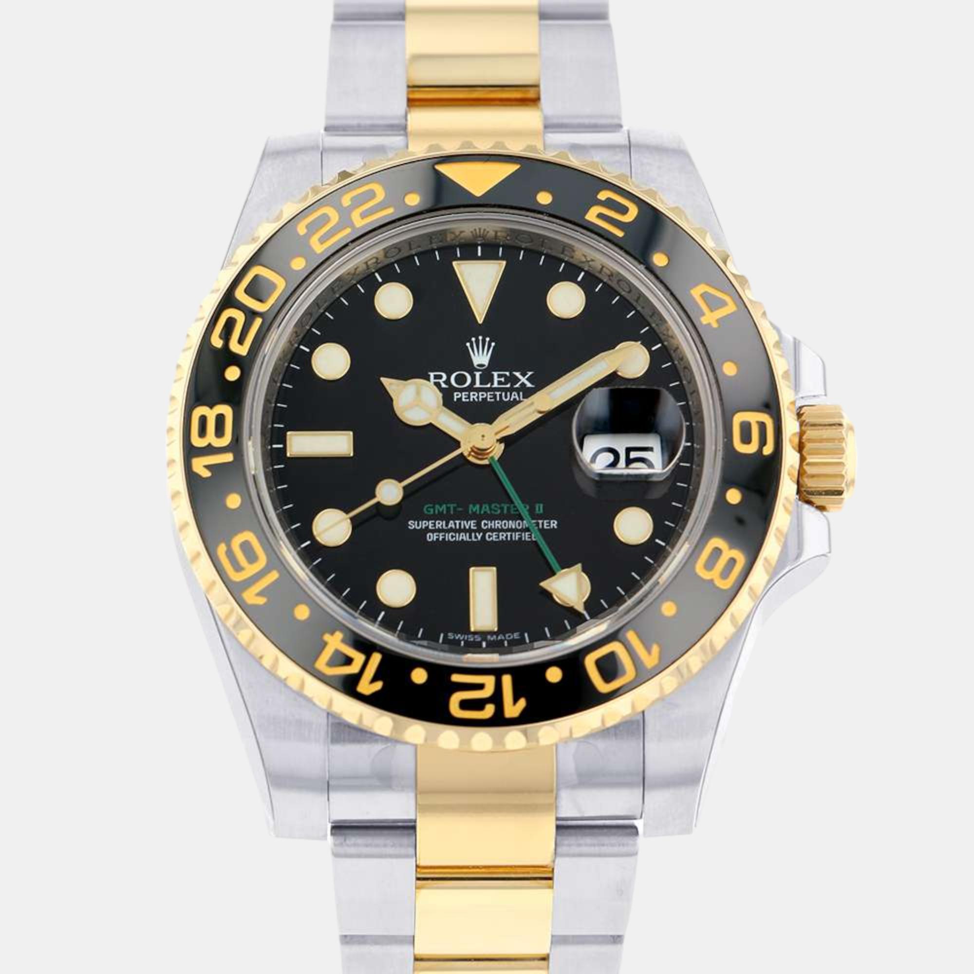 Rolex black 18k yellow gold stainless steel gmt-master automatic men's wristwatch 40 mm