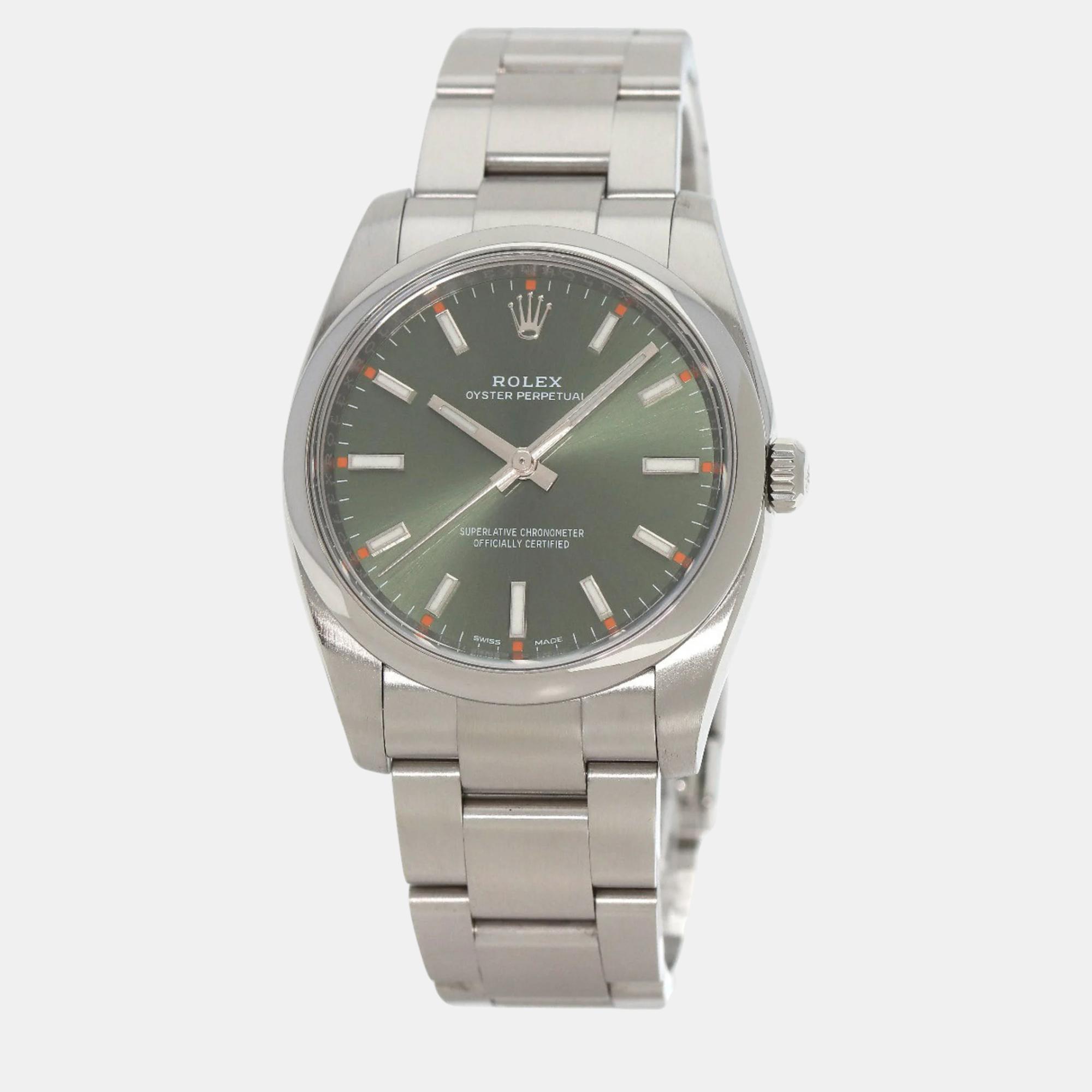 Rolex green stainless steel oyster perpetual 114200 automatic men's wristwatch 36 mm