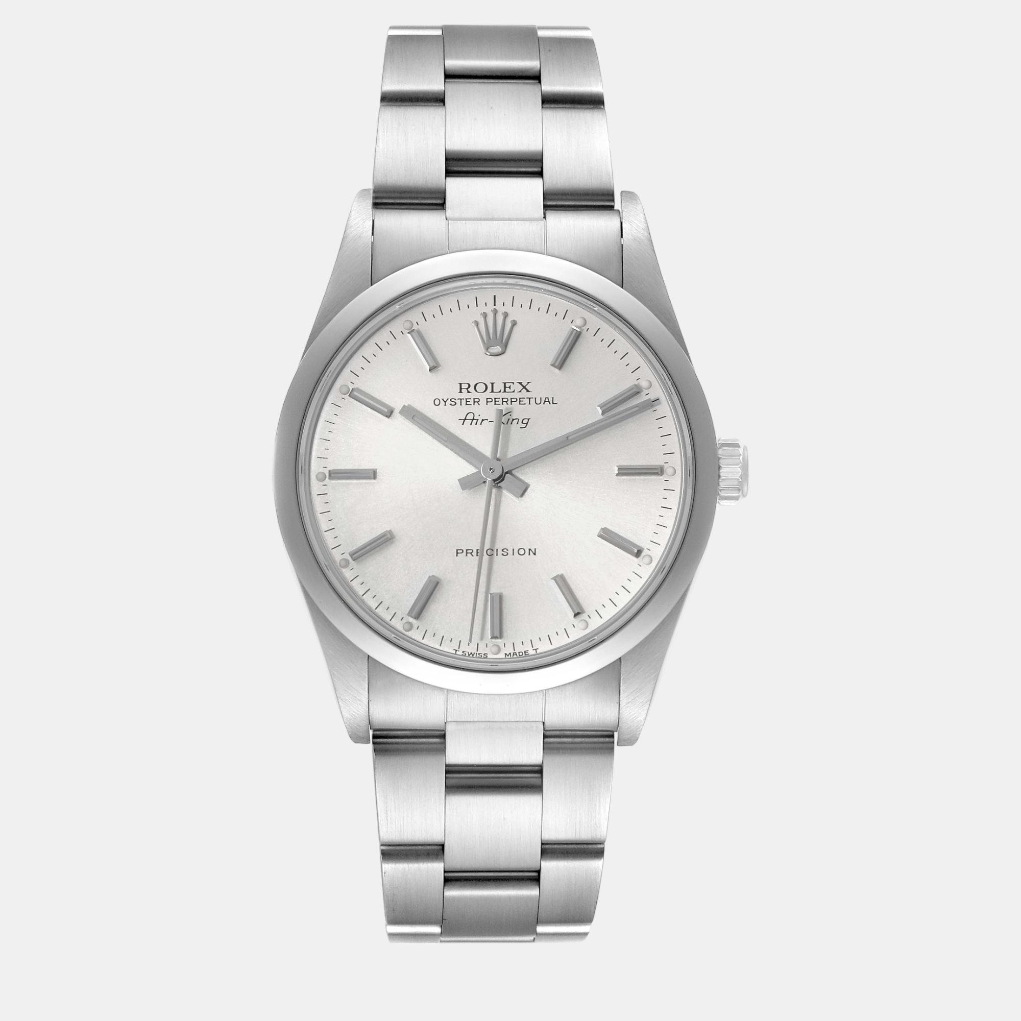 Rolex air king silver dial smooth bezel steel men's watch 34 mm